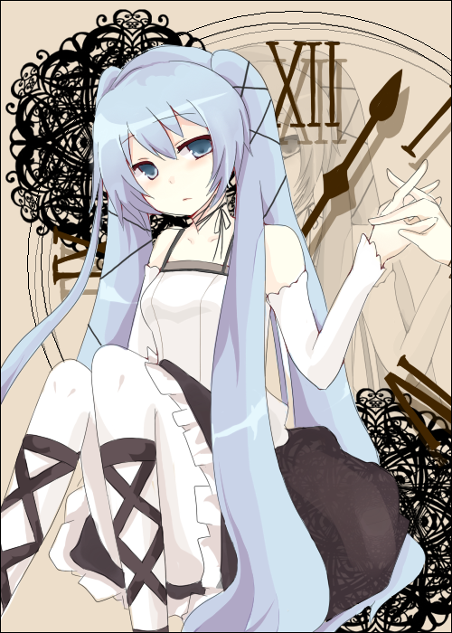 mono (recall), hatsune miku, vocaloid, yami-iro alice (vocaloid), bad id, bad pixiv id, arm warmers, blue hair, dress, holding hands, lolita fashion, pantyhose, solo focus, thighhighs, white pantyhose