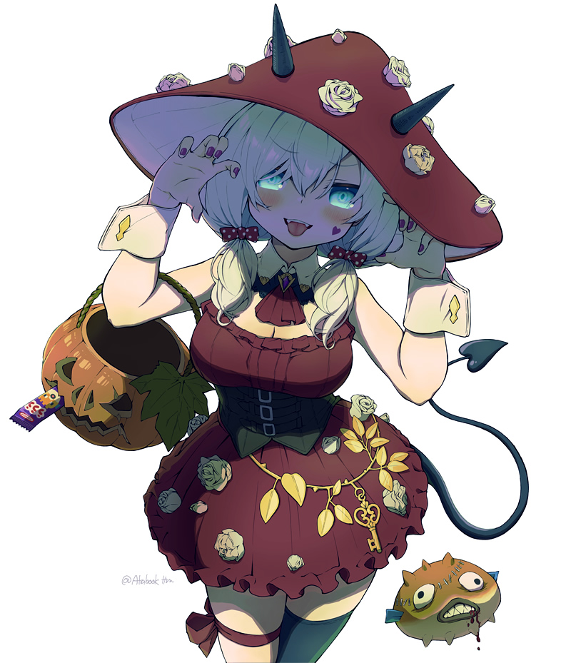 tatami kami, ars almal, ars almal (1st costume), nijisanji, 1girl, ascot, black corset, black thighhighs, blue eyes, blush, bow, breasts, bucket, claw pose, cleavage, collar, corset, demon, demon horns, demon tail, dress, fang, flower ornament, food, hair ribbon, halloween, halloween bucket, halloween costume, happy halloween, hat, holding, holding bucket, horns, jack-o'-lantern, key, large breasts, leaf ornament, looking at viewer, low twintails, miniskirt, mushroom hat, naughty face, pie, polka dot, polka dot bow, pumpkin, red ascot, red dress, red hat, red ribbon, ribbon, skirt, snack, solo, stargazy pie, tail, thigh strap, thighhighs, thighs, tongue, tongue out, twintails, twitter username, umaibou, virtual youtuber, white collar, white hair, white wrist cuffs, wrist cuffs