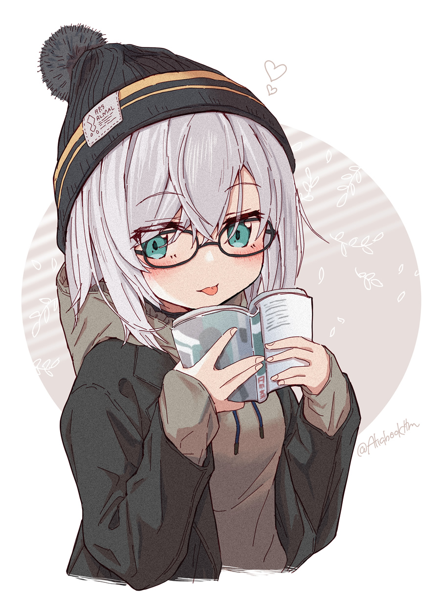 tatami kami, ars almal, nijisanji, highres, 1girl, :p, beanie, black-framed eyewear, blue eyes, blush, book, breasts, brown shirt, cropped torso, glasses, green hat, green jacket, hat, heart, holding, holding book, hood, hood down, jacket, long sleeves, looking at viewer, open book, pom pom (clothes), pom pom beanie, reading, rectangular eyewear, shirt, short hair, simple background, sleeves past wrists, solo, sweater, tongue, tongue out, twitter username, upper body, virtual youtuber, white hair, winter clothes