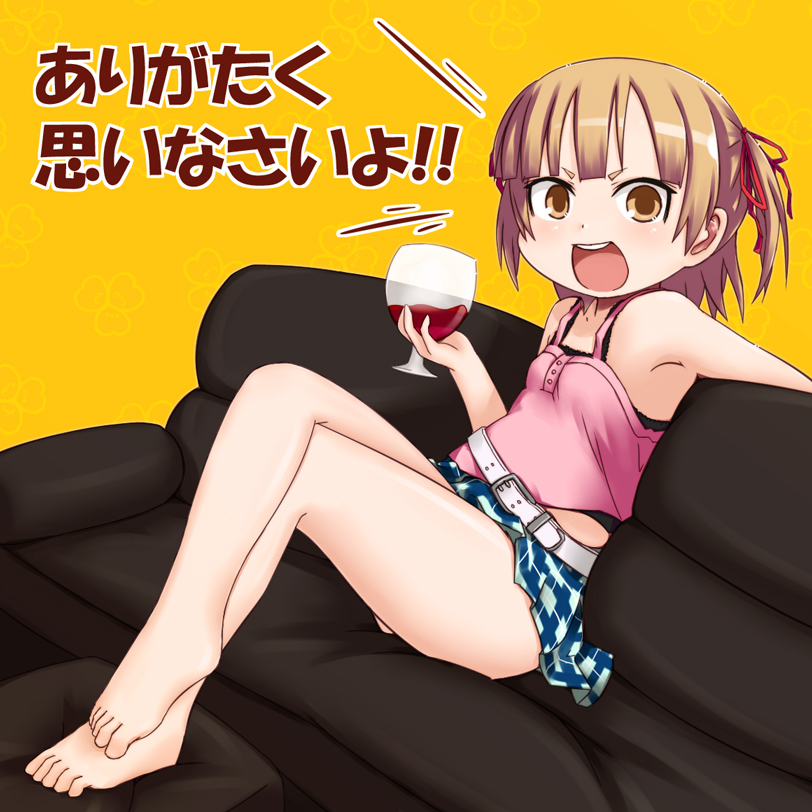 kurabayashi aya, marui mitsuba, mitsudomoe (manga), translated, 1girl, alcohol, armpits, barefoot, belly, belt, brandy glass, breasts, brown eyes, brown hair, camisole, child, couch, crossed legs, cup, cupping glass, drinking glass, feet, female focus, glass, hair ribbon, plaid clothes, plaid skirt, plump, ribbon, short hair, short twintails, sitting, skirt, small breasts, snifter, solo, tank top, thighs, toes, twintails, two side up, underage drinking, undershirt, wine glass
