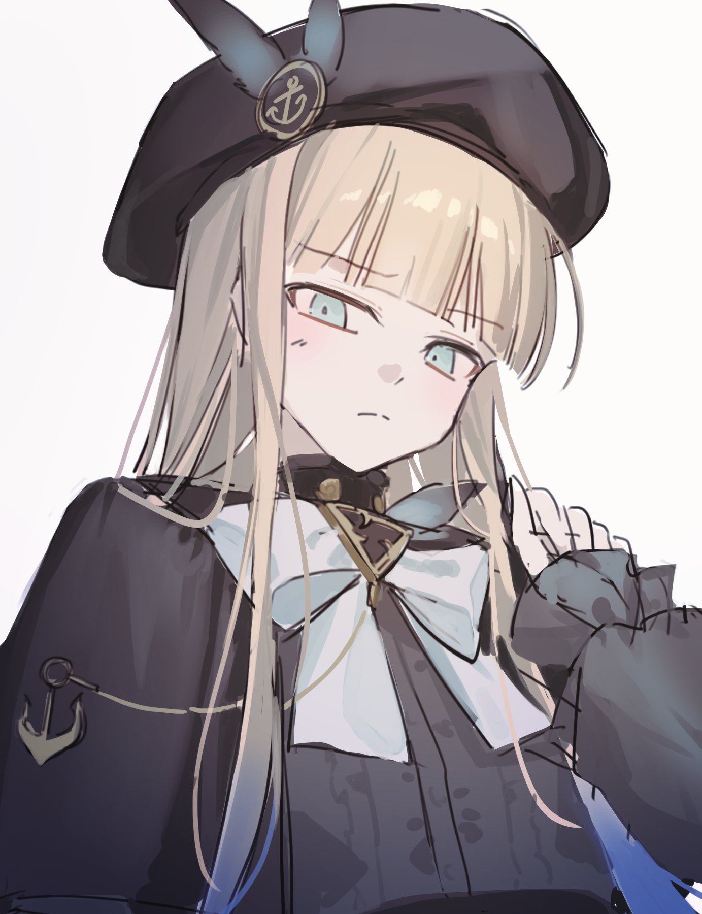 fate/grand order, fate (series), commentary, hashtag-only commentary, highres, 1boy, anchor symbol, beret, black capelet, black hat, black shirt, blonde hair, blue eyes, blue hair, blunt bangs, bow, bowtie, brooch, capelet, clenched hand, closed eyes, closed mouth, gradient hair, grand pudding, hand up, hat, jewelry, light frown, long hair, long sidelocks, long sleeves, looking at viewer, male focus, multicolored hair, nemo (fate/grand order arcade), noah (second ascension) (fate/grand order), shirt, sidelocks, simple background, solo, straight hair, trap, turtleneck, two-tone hair, upper body, white background, white bow, white bowtie