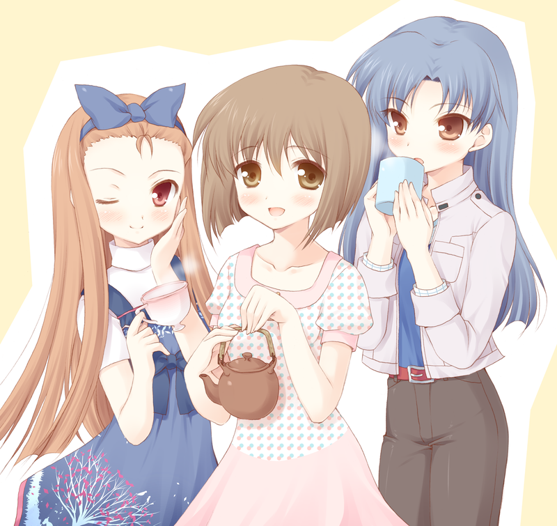komi zumiko, hagiwara yukiho, kikuchi makoto, kisaragi chihaya, minase iori, idolmaster, idolmaster (classic), idolmaster 1, bad id, bad pixiv id, 00s, blue hair, blush, bob cut, brown eyes, brown hair, cup, happy, long hair, short hair, smile, tea, wink