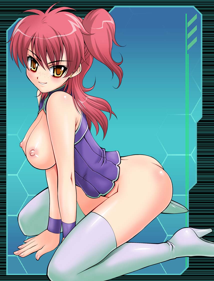 kakogawa tarou, nena trinity, gundam, gundam 00, 00s, 1girl, ass, boots, breasts, brown eyes, butt crack, female focus, freckles, high heel boots, high heels, kneeling, large breasts, long hair, nipples, no panties, red hair, shoes, side ponytail, solo, thigh boots, thighhighs