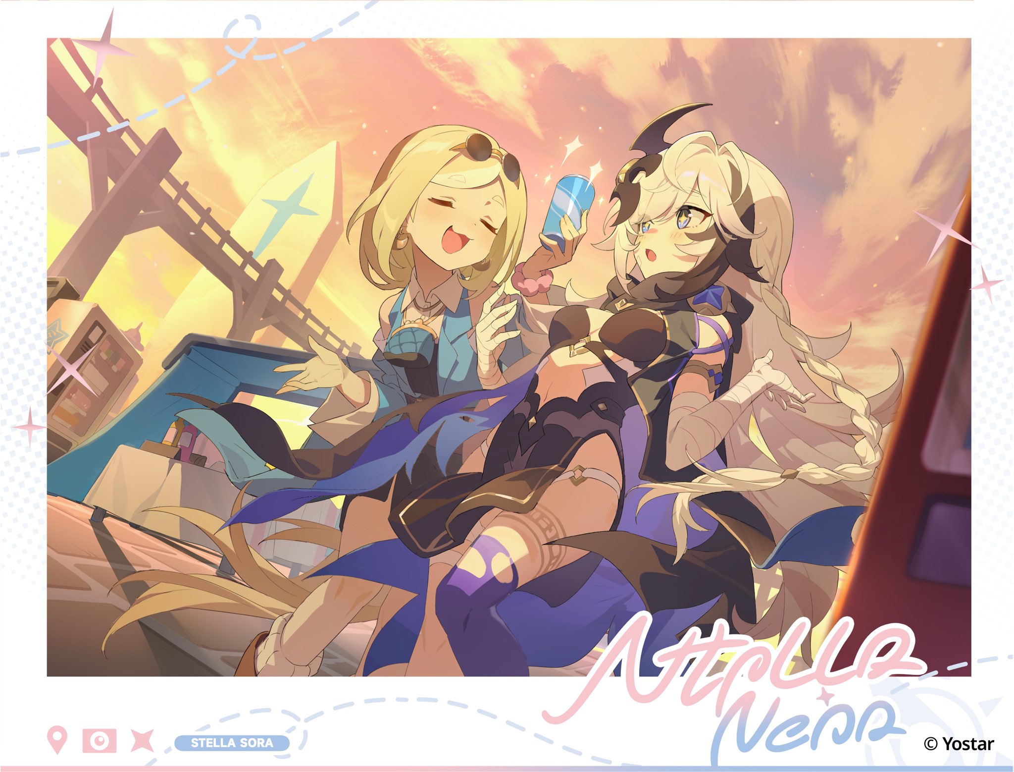 kitto ha, stella sora, chinese commentary, commentary request, highres, 2girls, bandaged arm, bandages, black hair, bloc (stella sora), blonde hair, blue vest, border, braid, breasts, can, cloud, coin purse, collared shirt, copyright name, copyright notice, cosette (stella sora), drink can, eyewear on head, feet out of frame, holding, holding can, long braid, long hair, medium breasts, monolith (object), multicolored hair, multiple girls, navel, neck pouch, orange sky, parted bangs, pelvic curtain, purple thighhighs, shirt, side braid, side part, single braid, sky, soda can, sparkle, streaked hair, sunglasses, thighhighs, torn clothes, torn thighhighs, very long hair, vest, white border, white hair, white shirt