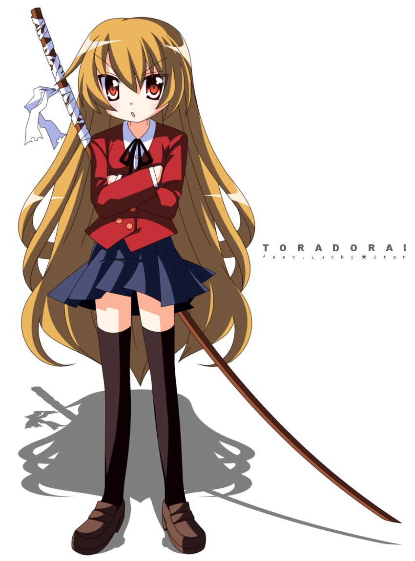 rindou (awoshakushi), aisaka taiga, ascii media works, toradora!, 00s, bokken, katana, school uniform, solo, sword, thighhighs, weapon, wooden sword, zettai ryouiki