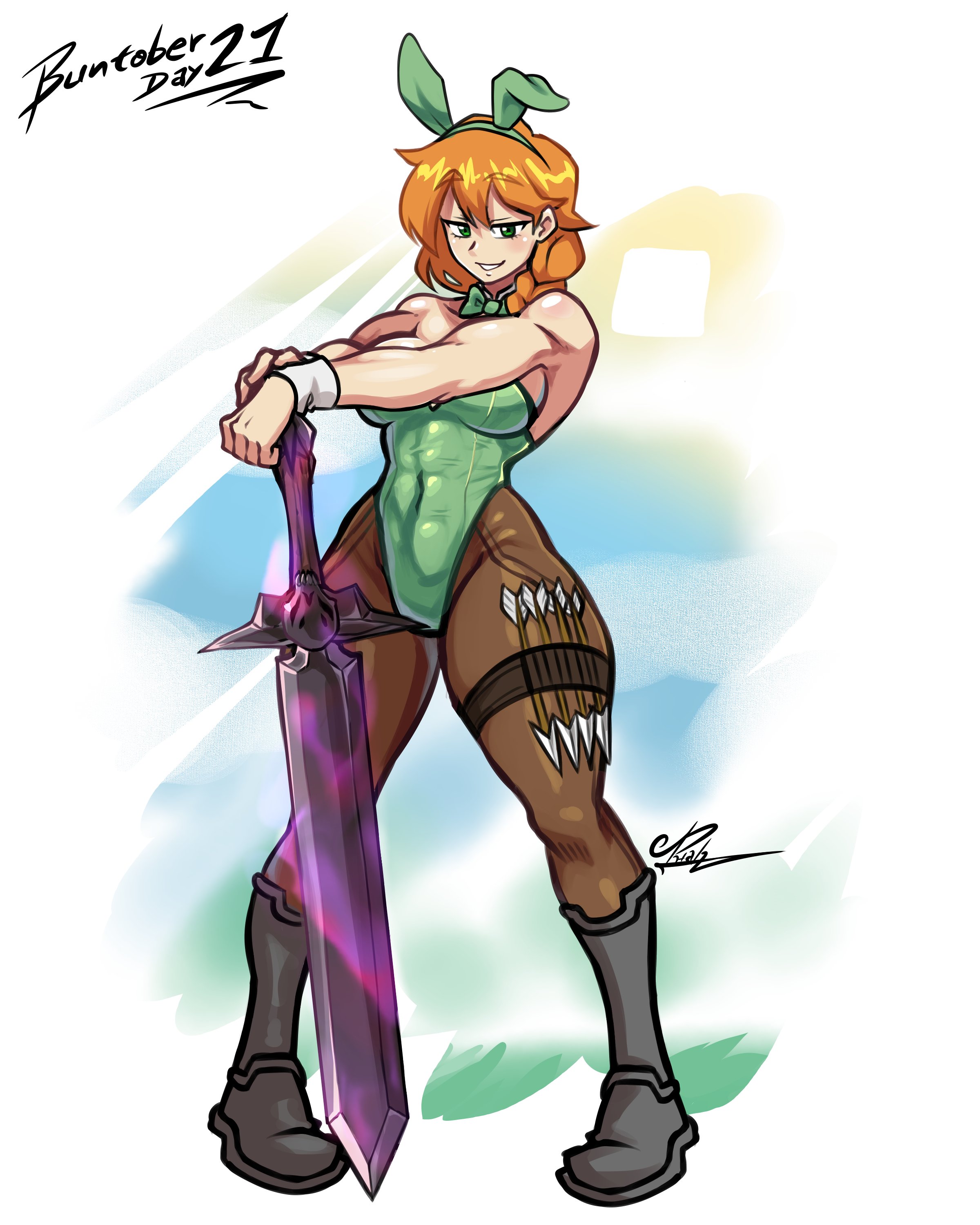 alex (minecraft), minecraft, absurdres, highres, 1girl, animal ears, boots, braid, breasts, detached collar, fake animal ears, green eyes, green leotard, halv p, holding, leggings, leotard, long hair, looking at viewer, minecraft sword, open mouth, orange hair, playboy bunny, rabbit ears, rabbit tail, single braid, smile, strapless, strapless leotard, sword, tail, weapon, wrist cuffs