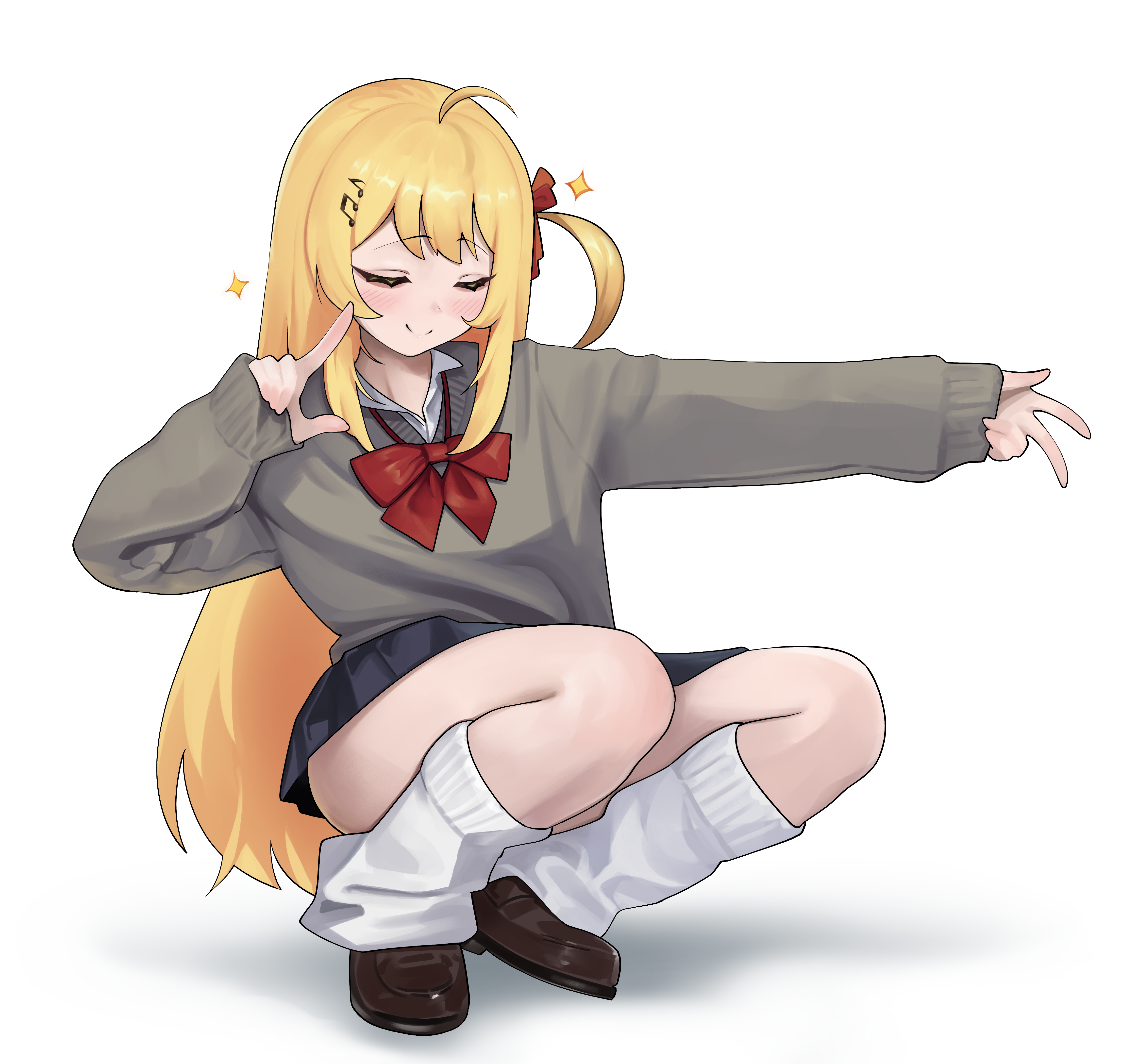 dalcom, otonose kanade, hololive, hololive dev is, absurdres, highres, 1girl, ahoge, black skirt, blonde hair, bow, bowtie, closed eyes, fortissimo, grey sweater, hair ornament, l hand, loafers, long hair, long sleeves, loose socks, musical note, musical note hair ornament, one side up, outstretched arm, red bow, red bowtie, shoes, simple background, skirt, smile, socks, solo, sparkle, squatting, sweater, virtual youtuber, w, white background