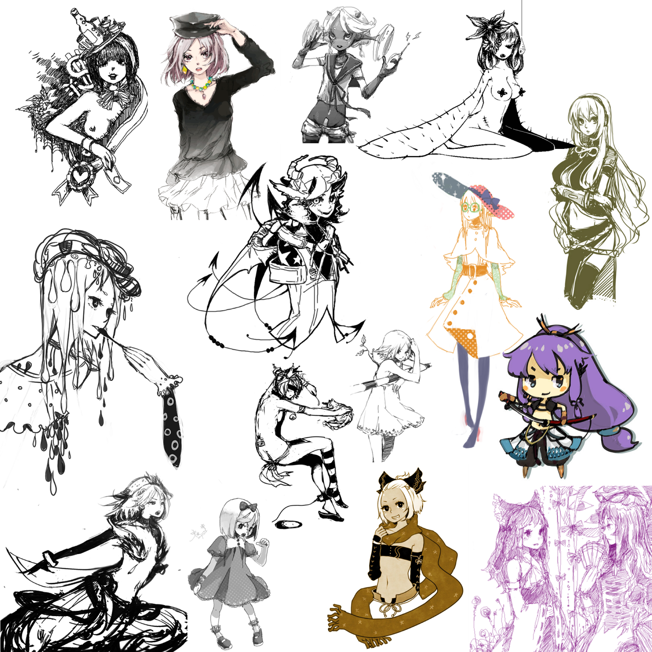 reika (artist), reika (clovia studio), hakurei reimu, hatch (7th dragon), kamui gakupo, megurine luka, rogue (7th dragon), samurai (7th dragon), yakumo yukari, 7th dragon, 7th dragon (series), touhou, vocaloid, bad id, bad pixiv id, highres, 6+girls, breasts, female focus, forehead, high ponytail, large breasts, medium breasts, monochrome, multiple girls, pantyhose, ponytail, sketch, small breasts, thighhighs