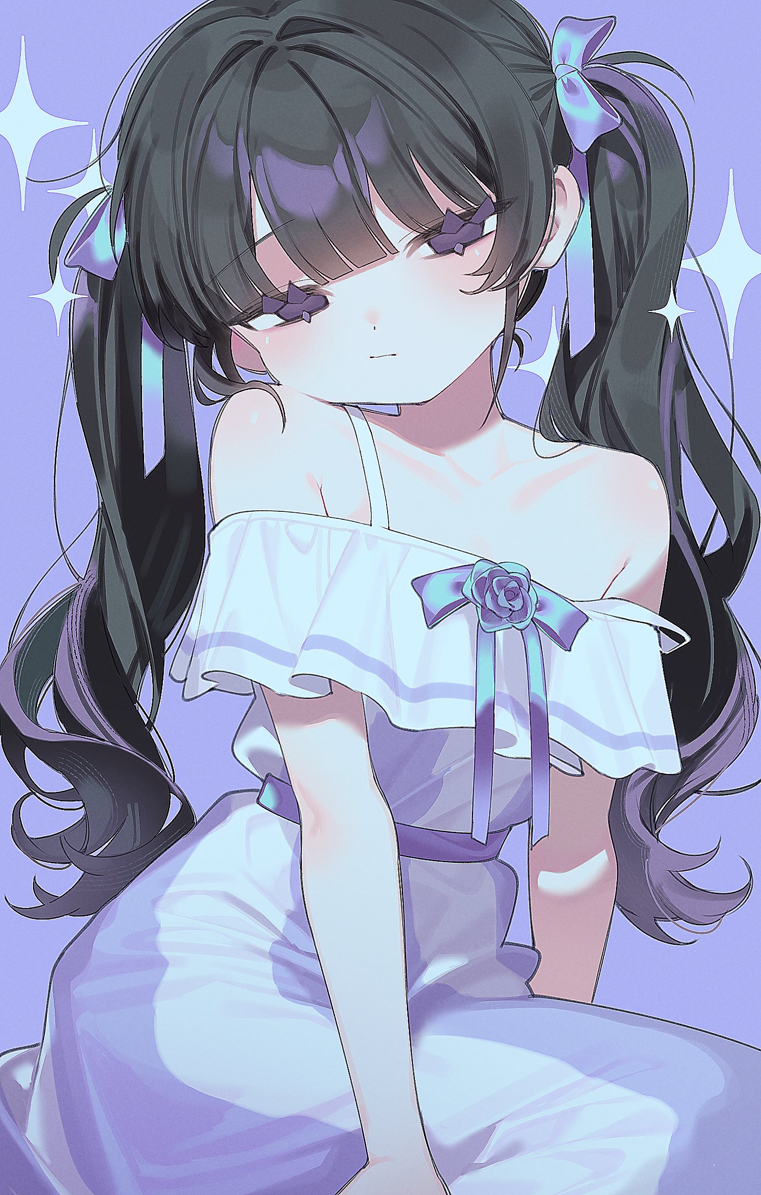 nullnull nameko, original, commentary request, highres, 1girl, black hair, dress, hair ornament, simple background, sitting, solo, star (symbol), twintails