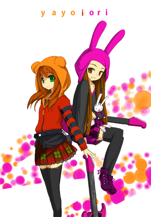 tsuyushima, minase iori, takatsuki yayoi, idolmaster, idolmaster (classic), striped, bad id, bad pixiv id, 00s, 2girls, alternate hairstyle, animal hood, brown hair, cat hood, green eyes, hood, hoodie, instrument, multiple girls, plaid clothes, plaid skirt, punkish gothic, red eyes, skirt, stuffed animal, stuffed rabbit, stuffed toy, thighhighs