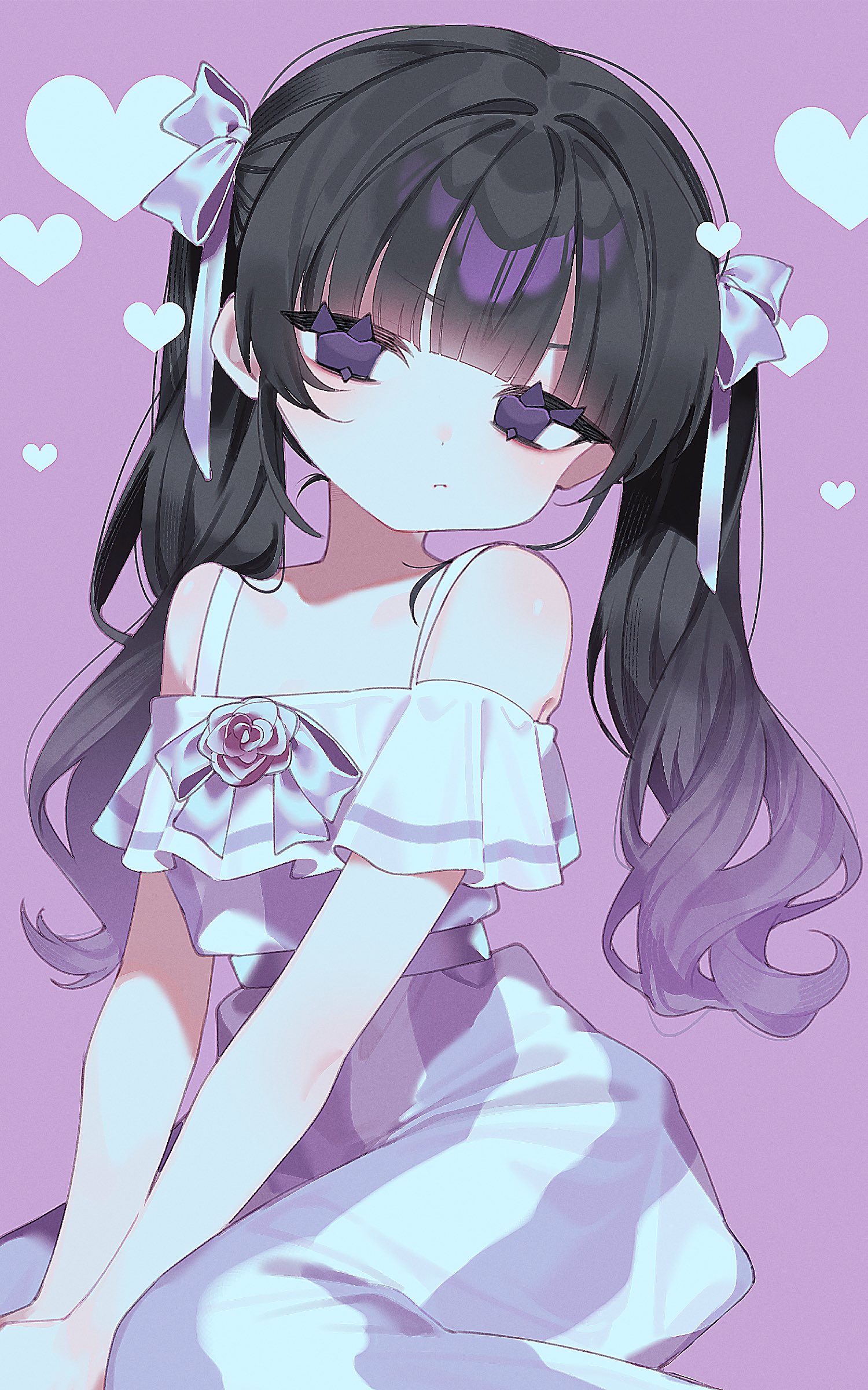 nullnull nameko, original, absurdres, commentary request, highres, 1girl, black hair, dress, hair ornament, heart, simple background, sitting, solo, twintails