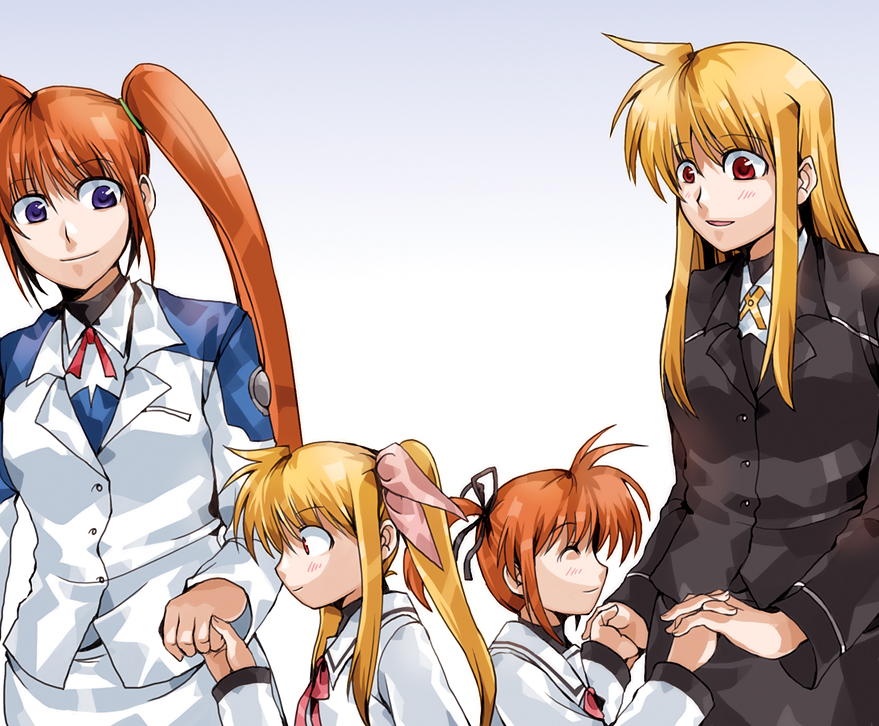 clipe, fate testarossa, takamachi nanoha, lyrical nanoha, mahou shoujo lyrical nanoha, mahou shoujo lyrical nanoha a's, mahou shoujo lyrical nanoha strikers, 00s, 4girls, blonde hair, brown hair, dual persona, holding hands, long hair, military, military uniform, multiple girls, purple eyes, red eyes, ribbon, school uniform, short hair, side ponytail, time paradox, twintails, very long hair