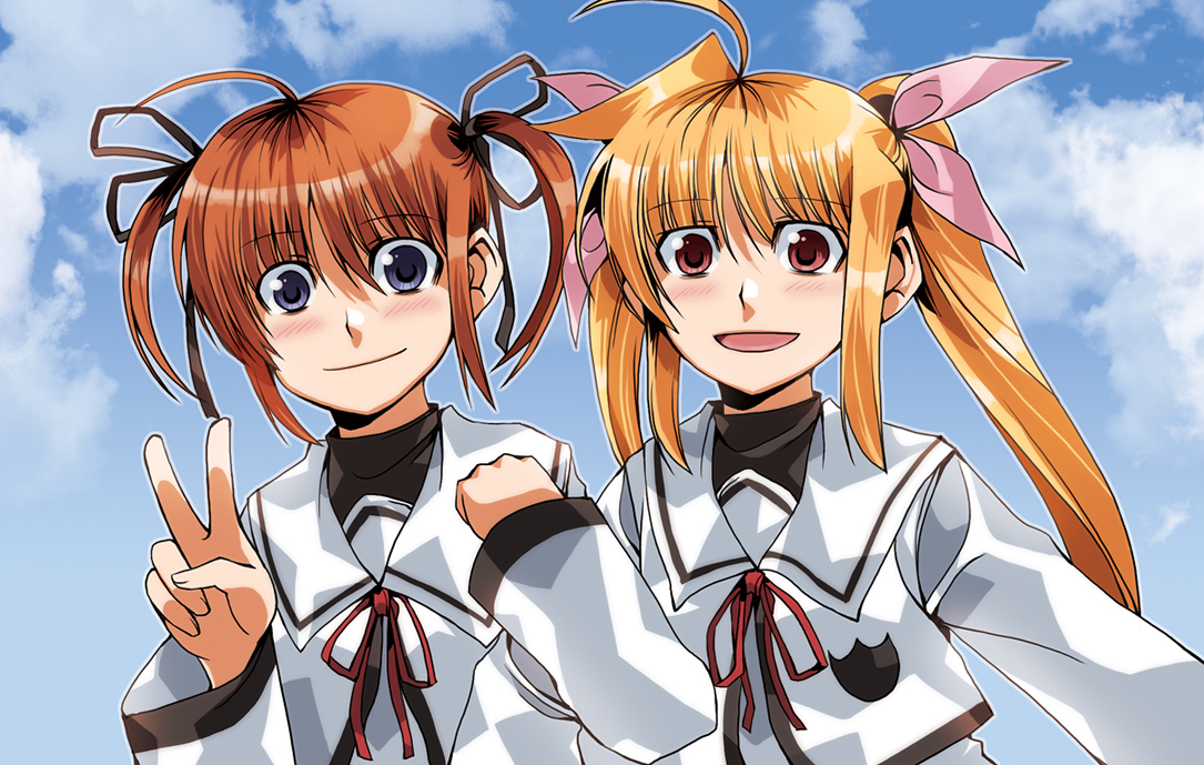 clipe, fate testarossa, takamachi nanoha, lyrical nanoha, mahou shoujo lyrical nanoha, mahou shoujo lyrical nanoha a's, 00s, 2girls, blonde hair, blue eyes, brown hair, long hair, multiple girls, red eyes, ribbon, school uniform, short hair, twintails, v