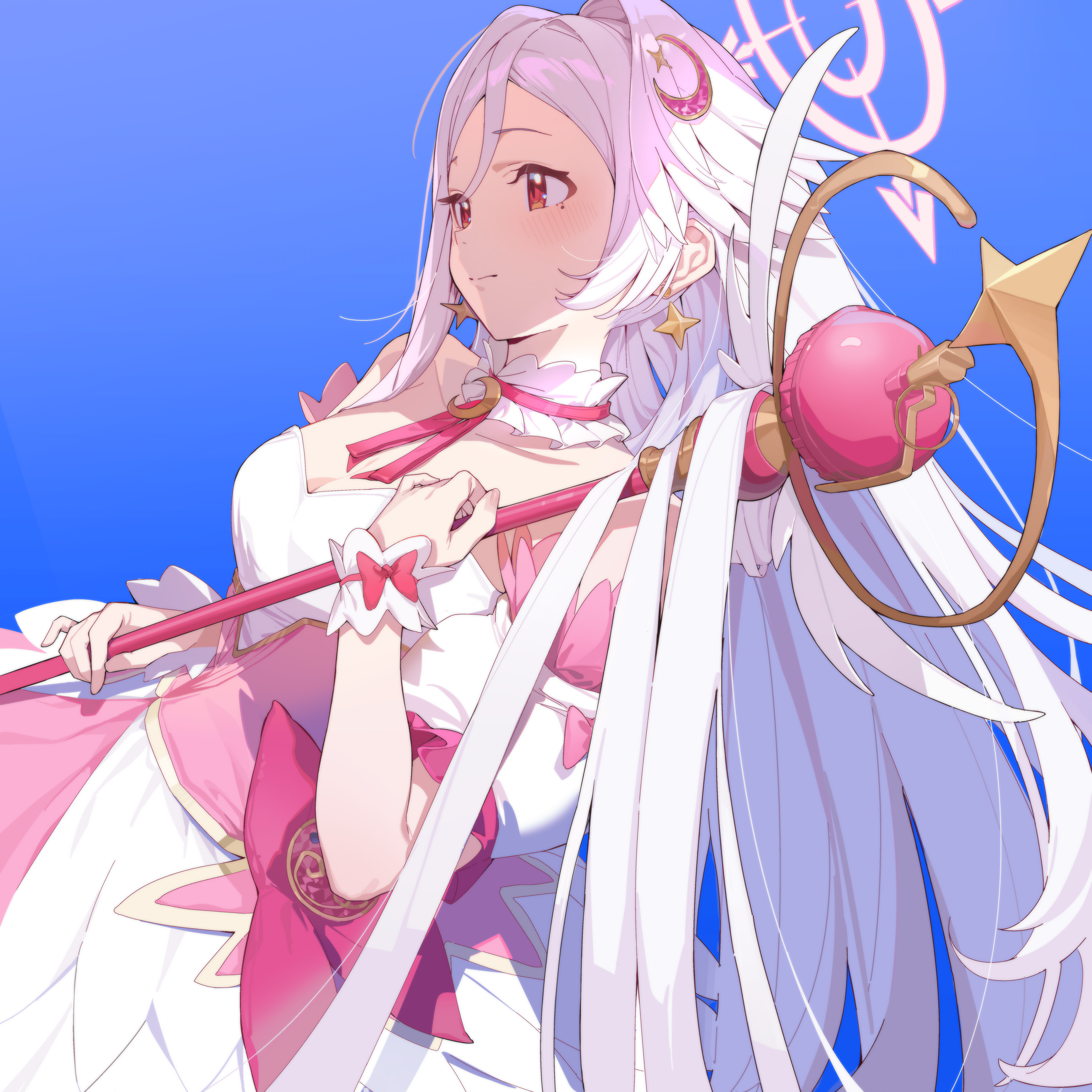 shuishi tidu, suzumi (blue archive), suzumi (magical) (blue archive), blue archive, absurdres, highres, 1girl, bare shoulders, breasts, cleavage, corset, detached sleeves, dress, hair between eyes, halo, head wings, holding, holding staff, long hair, medium breasts, mole, mole under eye, official alternate costume, pink corset, pink halo, red eyes, short sleeves, single wing, solo, staff, strapless, strapless dress, white dress, white hair, white wings, wings