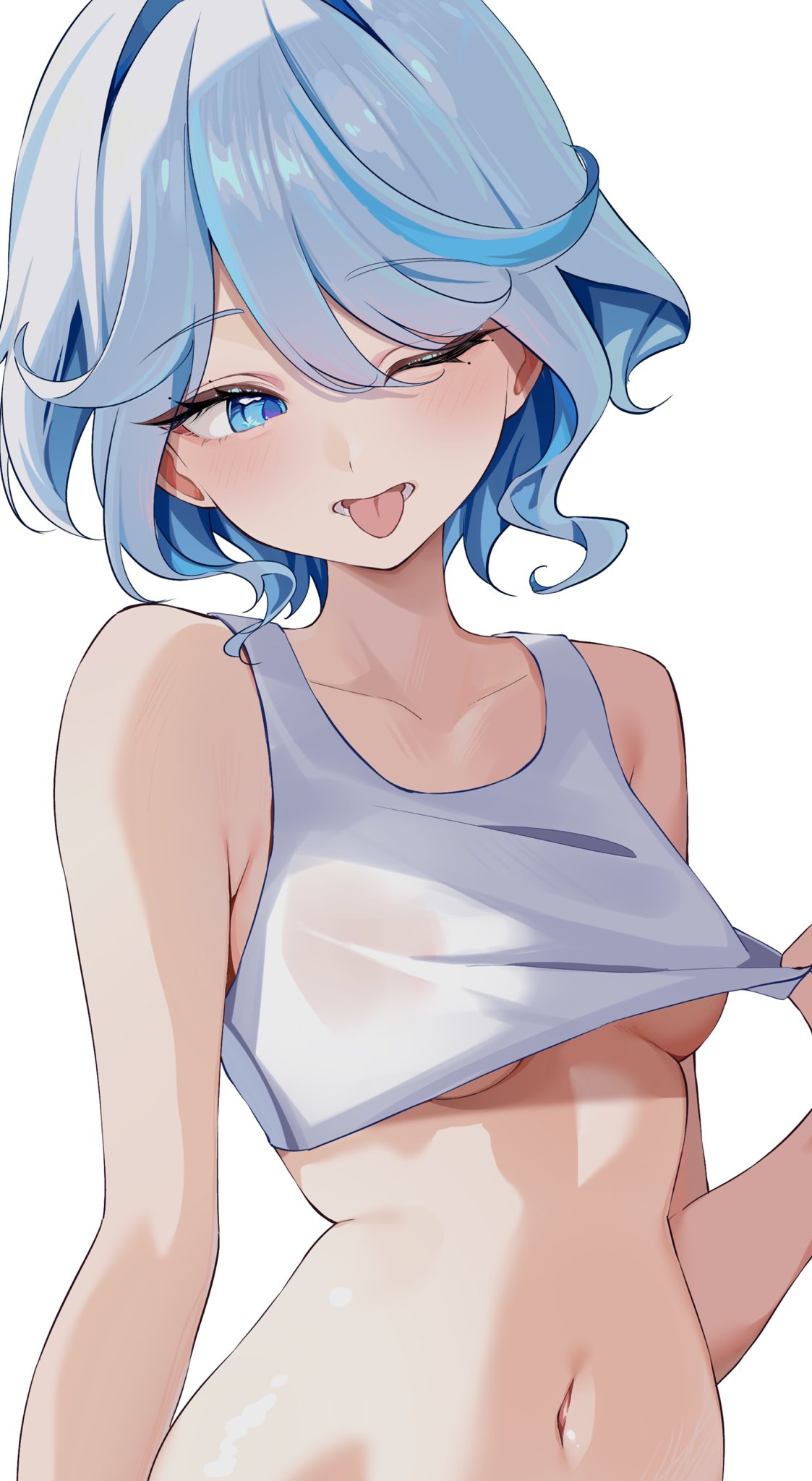 chobonu, furina (genshin impact), genshin impact, highres, 1girl, blue eyes, blue hair, breasts, crop top, hair between eyes, medium hair, midriff, multicolored hair, navel, one eye closed, open mouth, small breasts, solo, stomach, streaked hair, tank top, tongue, tongue out, white hair, white tank top