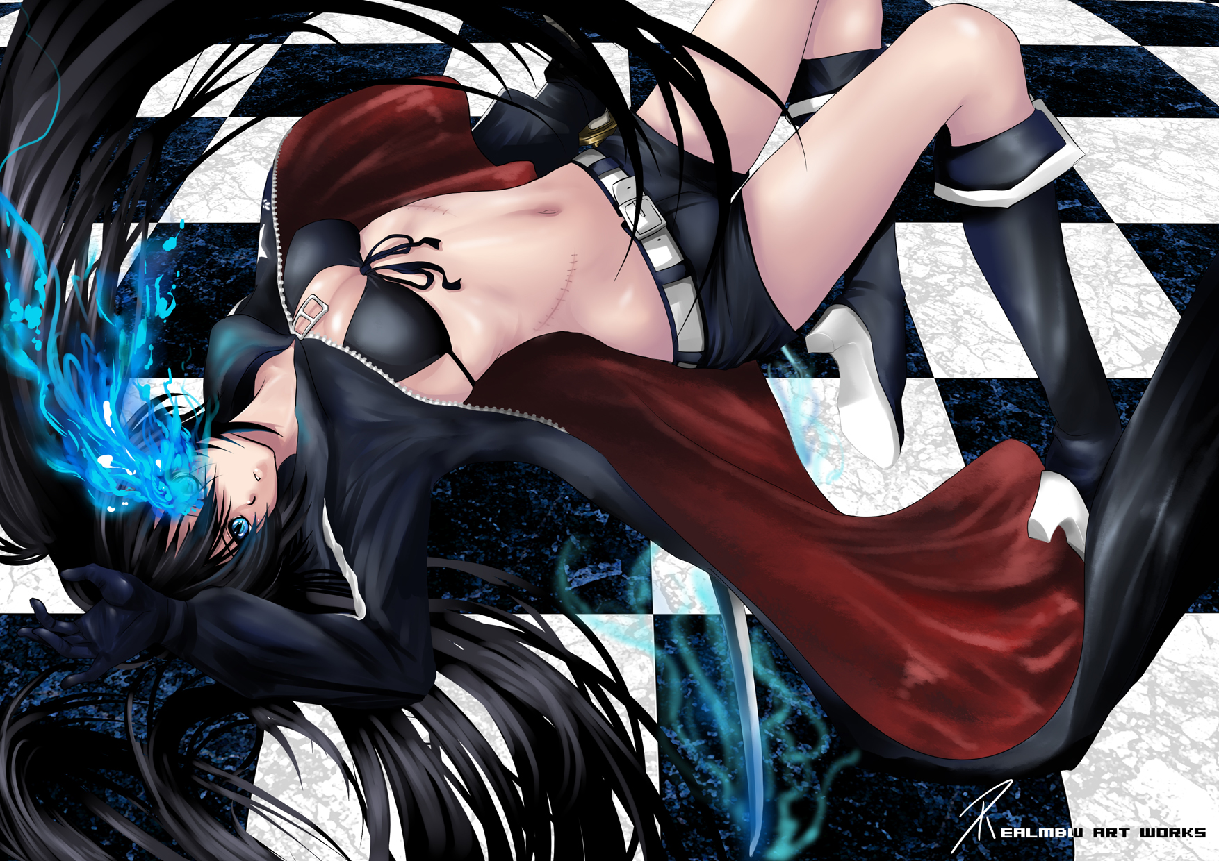 realmbw, black rock shooter (character), black rock shooter, vocaloid, highres, 10s, 1girl, belt, bikini, bikini top only, black bikini, black hair, blue eyes, boots, cape, female focus, flat chest, front-tie top, katana, long hair, midriff, navel, scar, shorts, solo, swimsuit, sword, twintails, weapon