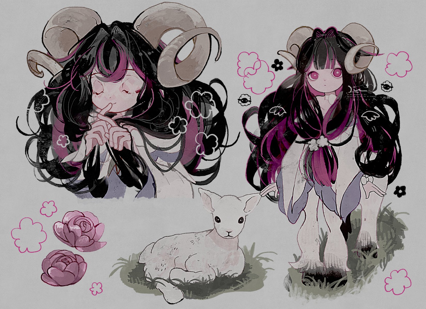 li04r, original, highres, 1girl, black hair, goat, goat girl, goat horns, grass, horns, long hair, multicolored hair, on grass, pink hair, solo