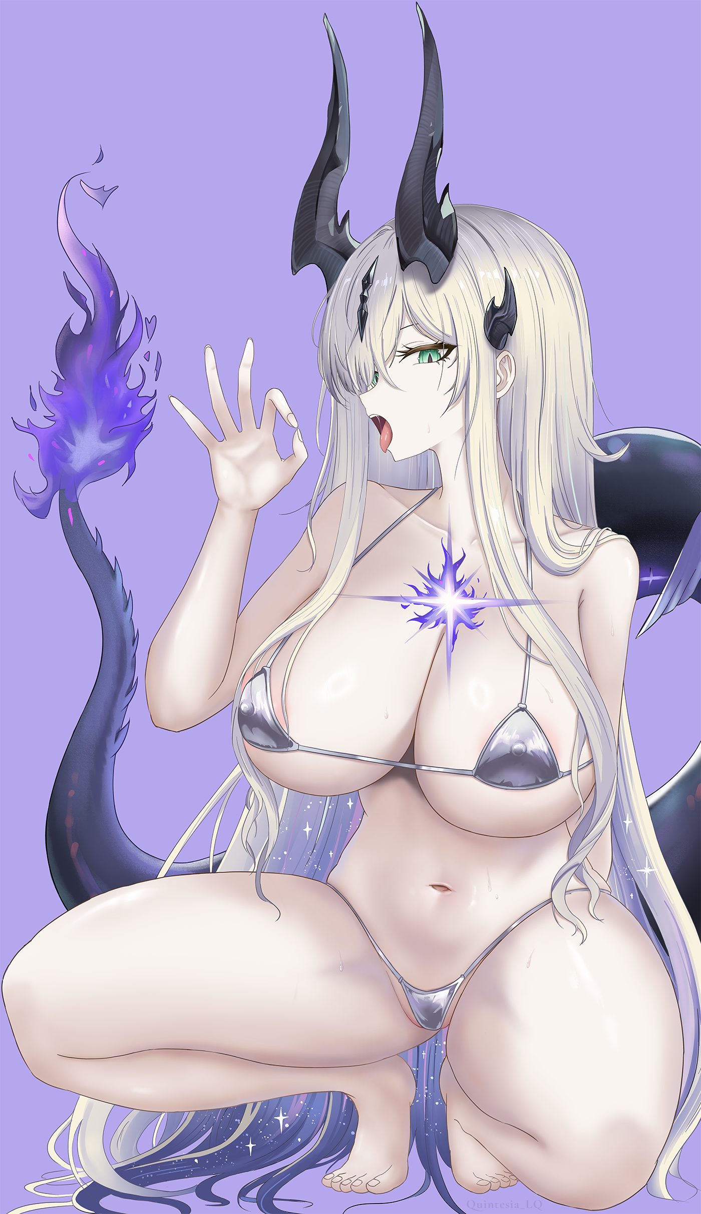 quintesia lq, necrass (arknights), arknights, absurdres, bilingual commentary, commentary, english commentary, highres, mixed-language commentary, variant set, 1girl, bikini, breasts, dragon girl, dragon horns, dragon tail, elbow gloves, fellatio gesture, fire, flame-tipped tail, gloves, green eyes, grey thighhighs, horns, large breasts, long hair, looking at viewer, navel, purple background, silver bikini, silver gloves, simple background, solo, squatting, stomach, swimsuit, tail, thighhighs, thighs, tongue, tongue out, very long hair