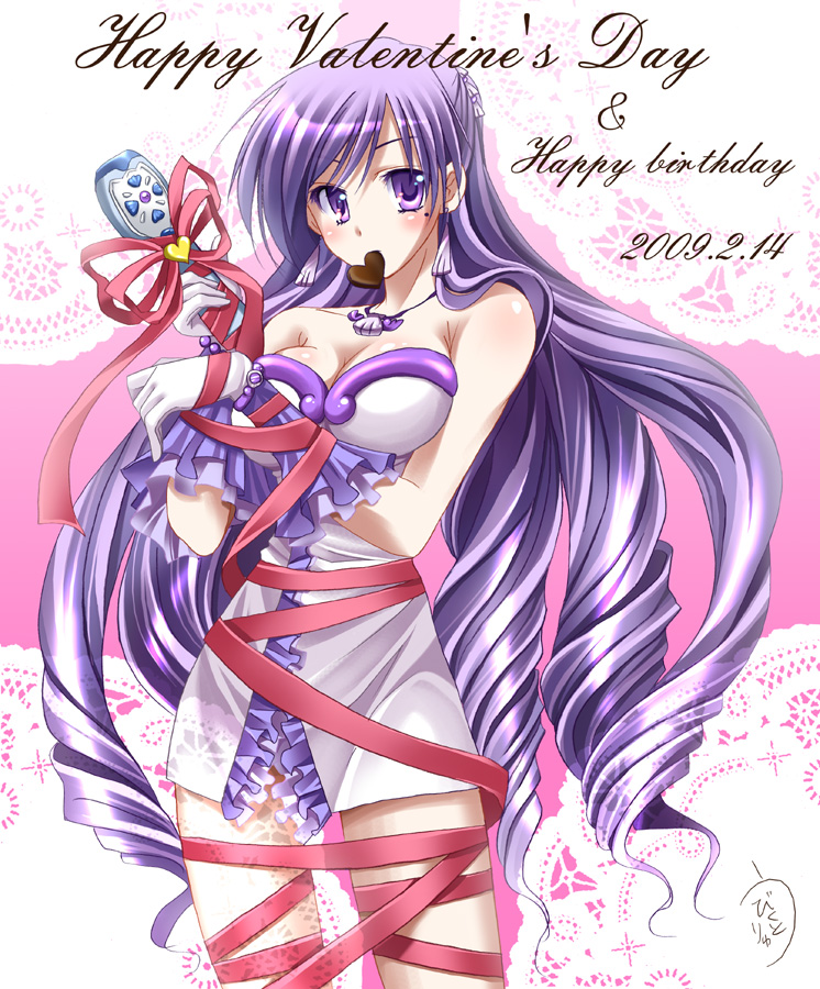 bikuto ryuu, caren (mermaid melody pichi pichi pitch), mermaid melody pichi pichi pitch, 00s, 1girl, chocolate, female focus, happy valentine, jewelry, long hair, microphone, mouth hold, necklace, purple eyes, purple hair, ribbon, solo, valentine