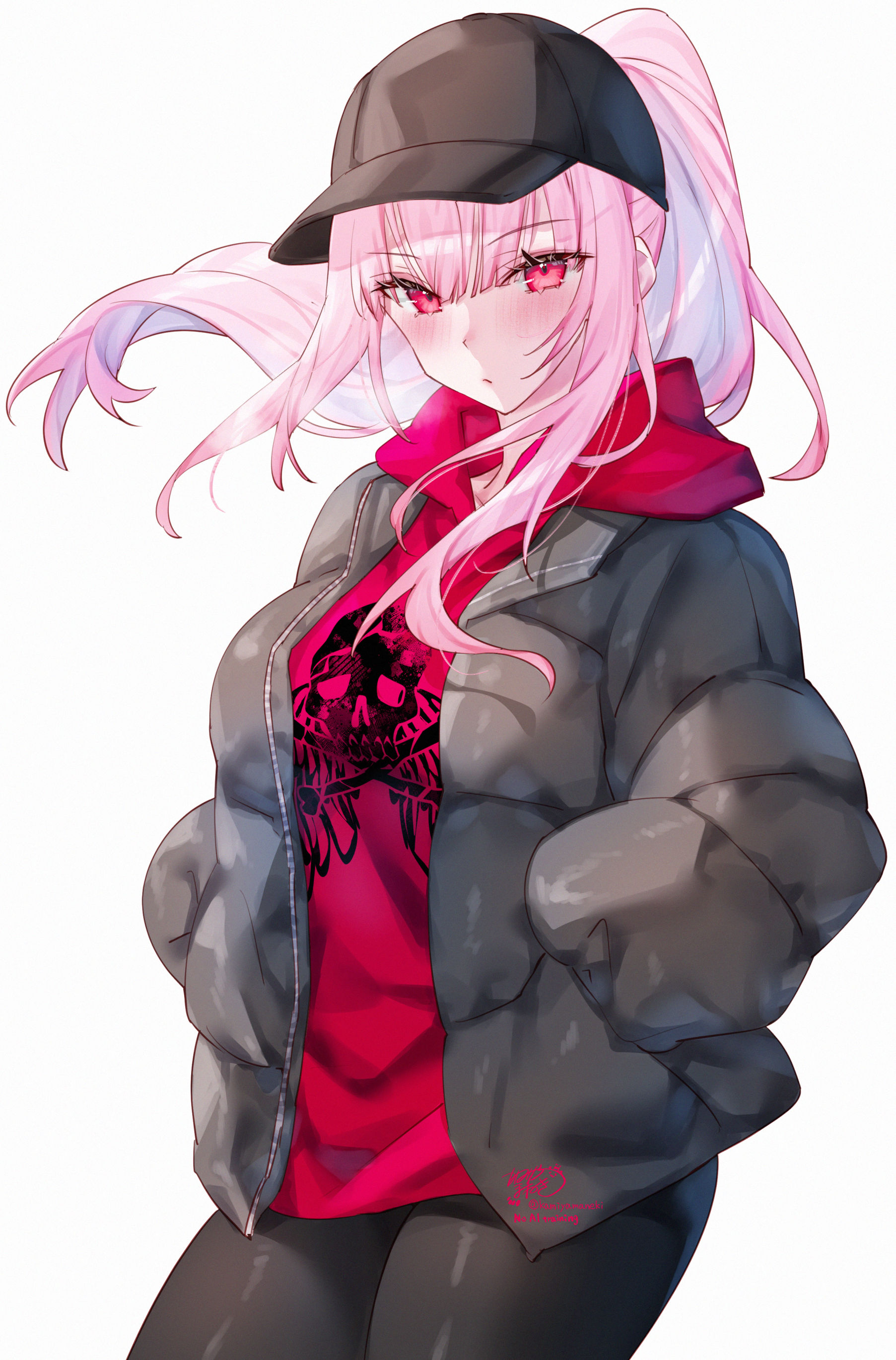 kamiya maneki, mori calliope, hololive, hololive english, absurdres, commentary, english commentary, highres, 1girl, artist name, baseball cap, black hat, black jacket, black pants, blush, breasts, closed mouth, collarbone, hair between eyes, hands in pockets, hat, high ponytail, hood, hoodie, jacket, long hair, long sleeves, looking at viewer, open clothes, open jacket, pants, pink eyes, pink hair, pink hoodie, ponytail, signature, simple background, skull print, solo, thighs, twitter username, virtual youtuber, white background