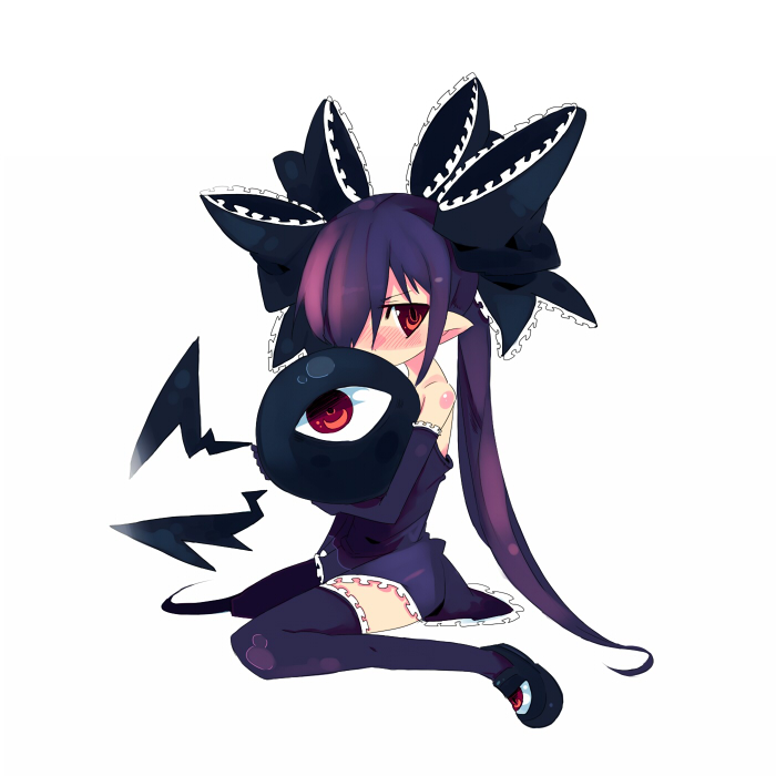 kanikama, backbeako (torotei), backbeard, gegege no kitarou, original, 1girl, blush, female focus, purple hair, red eyes, solo, thighhighs, twintails, zettai ryouiki