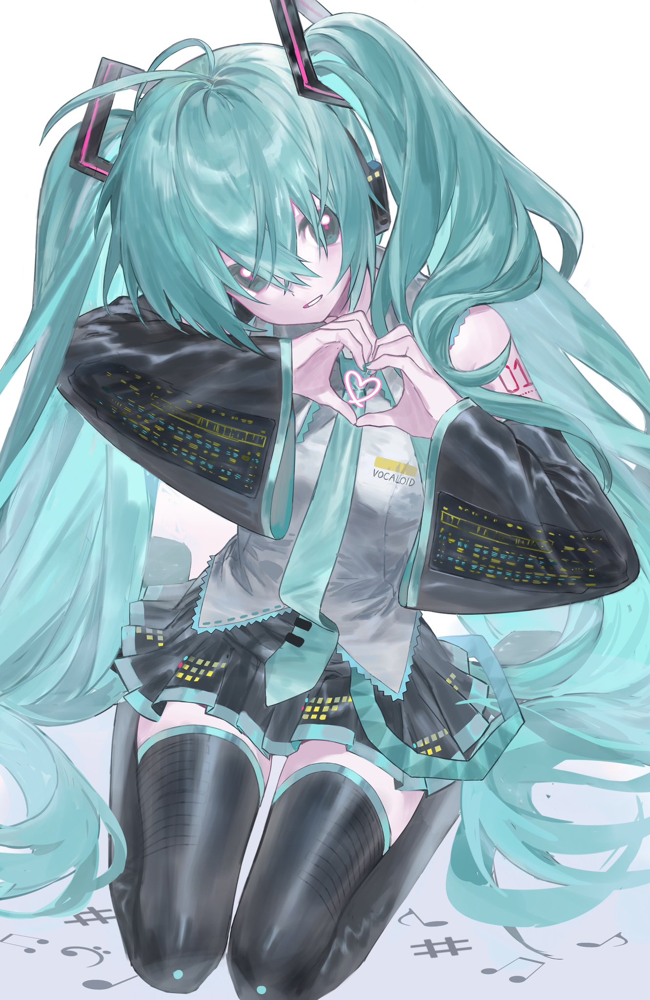 kikishuiyin111, hatsune miku, vocaloid, highres, 1girl, antenna hair, aqua eyes, aqua hair, black thighhighs, boots, detached sleeves, grey shirt, hair between eyes, head tilt, headset, heart, heart hands, heart in heart hands, long hair, looking at viewer, shirt, simple background, sitting, smile, solo, thigh boots, thighhighs, twintails, very long hair, white background, wide sleeves