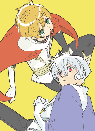 junnari, jomy marquis shin, soldier blue, toward the terra, silver hair, bad id, bad pixiv id, 2boys, albino, blonde hair, cape, gloves, green eyes, headphones, looking back, looking up, male focus, multiple boys, red eyes, simple background, sitting, yellow theme