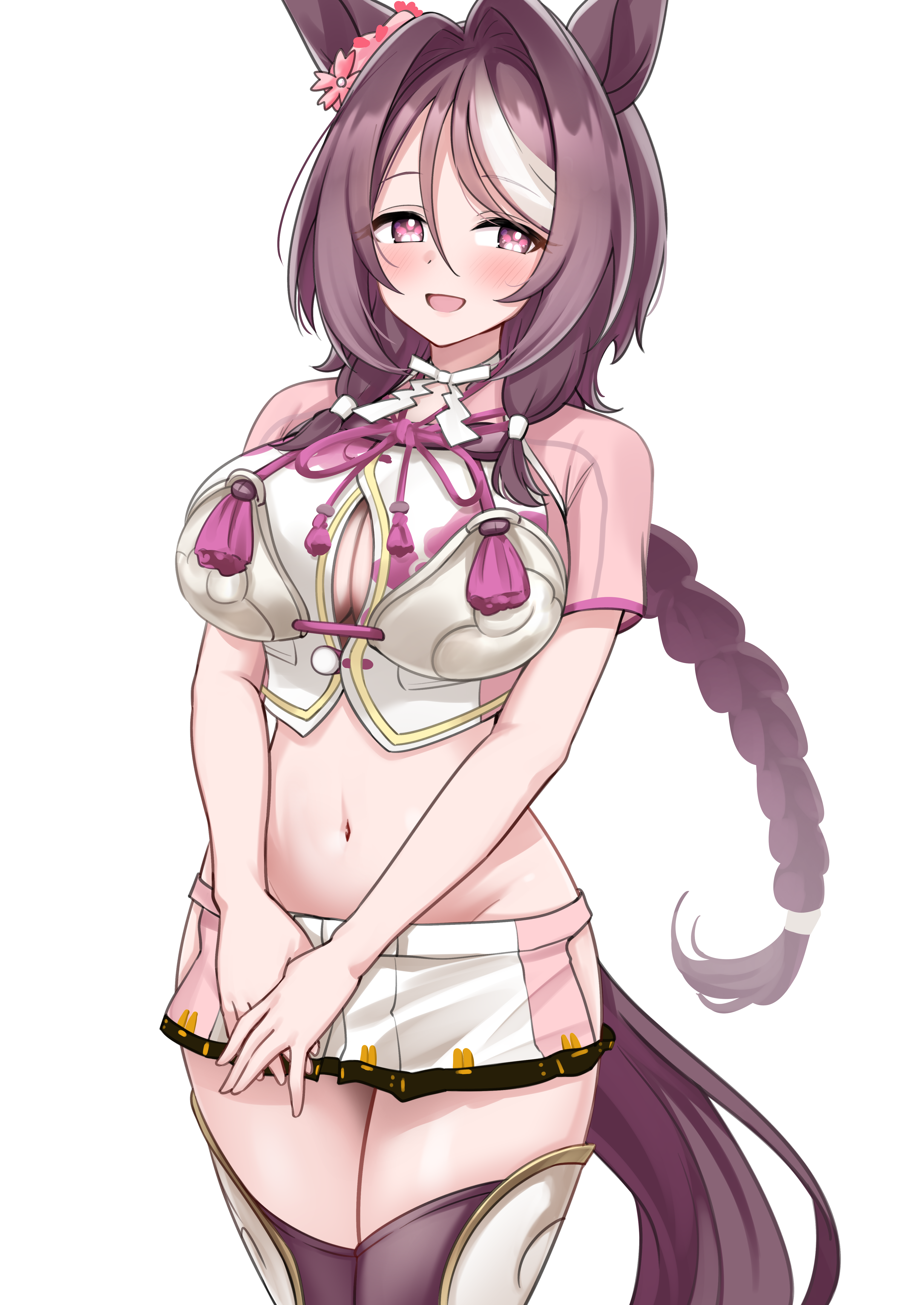 herohero (higashi no dou), sakura chitose o (umamusume), umamusume, absurdres, commentary request, commission, highres, pixiv commission, 1girl, blush, breasts, brown hair, brown tail, button gap, cleavage, cowboy shot, crop top, ear ornament, flower-shaped pupils, hair intakes, horse girl, large breasts, long hair, looking at viewer, midriff, navel, open mouth, pink eyes, shirt, short sleeves, simple background, skirt, smile, solo, symbol-shaped pupils, thighs, v arms, white background, white shirt, white skirt, white streaks