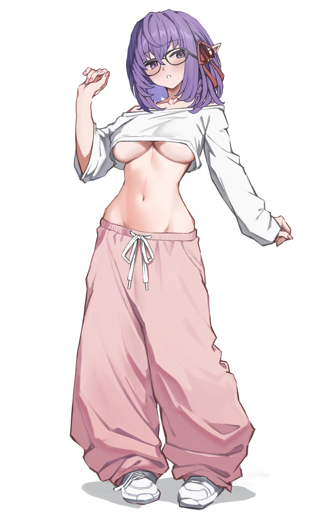 torisanff14, original, commission, highres, 1girl, baggy pants, bare shoulders, black-framed eyewear, breasts, collarbone, crop top, crop top overhang, drawstring, full body, glasses, hair ribbon, hand up, large breasts, long sleeves, looking at viewer, medium hair, midriff, navel, noa (mikeyymc), off-shoulder shirt, off shoulder, pants, parted lips, pink pants, pointy ears, purple eyes, purple hair, ribbon, shirt, shoes, simple background, solo, standing, stomach, track pants, underboob, white background, white shirt, white shoes