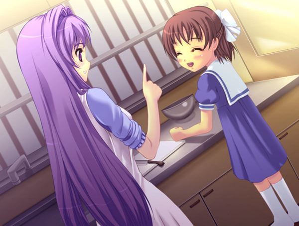 takuyu, xairio, fujibayashi kyou, okazaki ushio, clannad, 00s, 2girls, brown hair, child, closed eyes, kitchen, long hair, multiple girls, purple eyes, purple hair, school uniform, short hair, sleeves pushed up