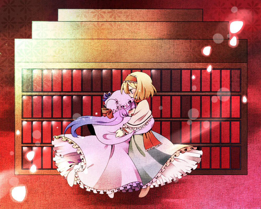 marisu, alice margatroid, patchouli knowledge, touhou, bad id, bad pixiv id, 2girls, blush, capelet, female focus, full body, hug, indoors, multiple girls, standing