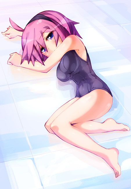 ooyama kina, original, bad id, bad pixiv id, 1girl, barefoot, feet, female focus, hairband, lying, one-piece swimsuit, pink hair, purple eyes, purple one-piece swimsuit, purple school swimsuit, school swimsuit, short hair, solo, swimsuit