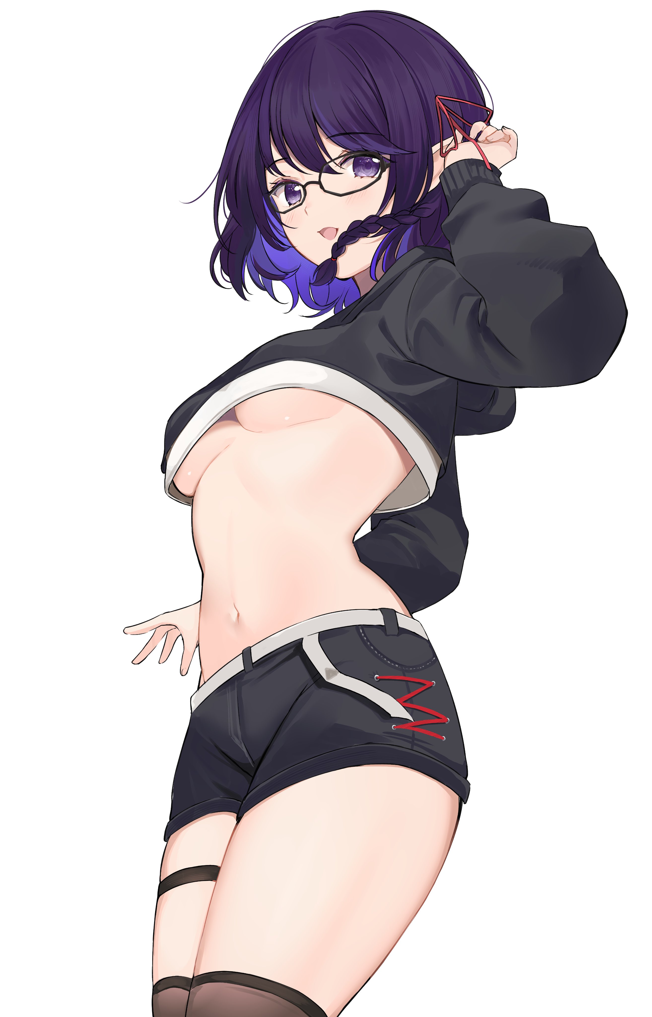 ry thae, original, absurdres, commentary, english commentary, highres, 1girl, belt, black-framed eyewear, black hoodie, black shorts, blue hair, braid, breasts, brown thighhighs, colored inner hair, cowboy shot, crop top, crop top overhang, cropped hoodie, glasses, hair ribbon, hand up, hood, hood down, hoodie, long sleeves, looking at viewer, medium breasts, medium hair, midriff, multicolored hair, navel, noa (mikeyymc), purple eyes, purple hair, ribbon, short shorts, shorts, simple background, solo, stomach, streaked hair, thigh strap, thighhighs, thighs, two-tone hair, underboob, white background