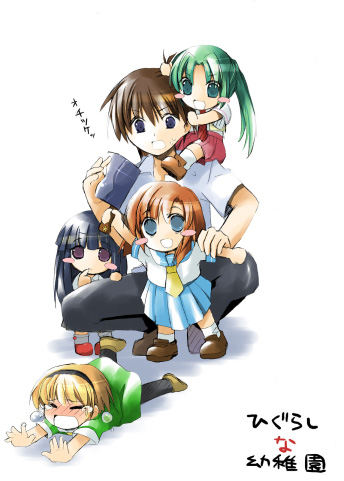 furude rika, houjou satoko, maebara keiichi, ryuuguu rena, sonozaki mion, higurashi no naku koro ni, lowres, non-web source, 00s, 1boy, 4girls, blonde hair, chibi, multiple girls, pantyhose