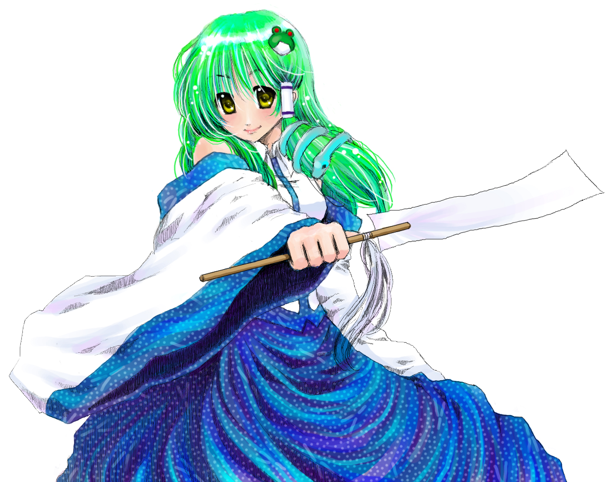 bakufu, fuu (futian), kochiya sanae, touhou, 1girl, detached sleeves, female focus, green hair, japanese clothes, long hair, snake, solo, yellow eyes
