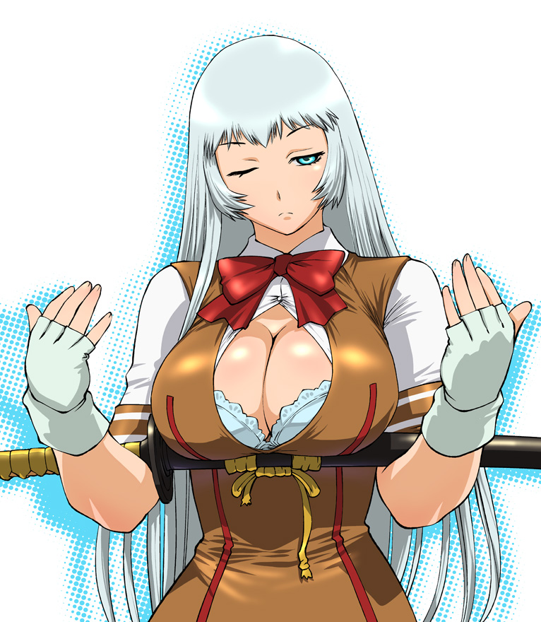 ueyama michirou, chouun shiryuu, ikkitousen, 00s, 1girl, aqua eyes, aqua hair, bra, breasts, cleavage, cleavage cutout, clothing cutout, female focus, fingerless gloves, gloves, large breasts, lingerie, long hair, one eye closed, sheath, sheathed, solo, sword, underwear, weapon, white hair, wink