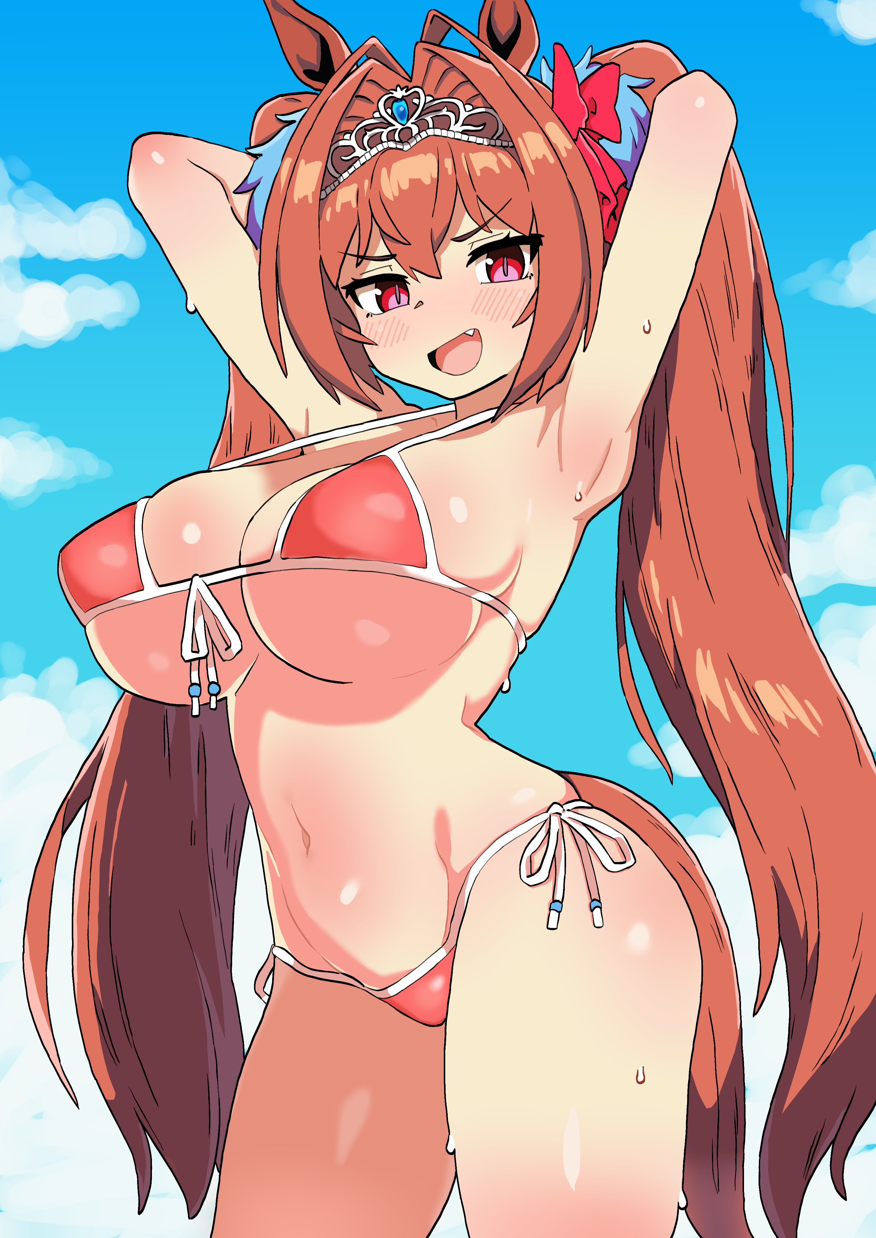 clfmsh99, daiwa scarlet (umamusume), umamusume, 1girl, animal ears, armpits, arms up, bare arms, bikini, blue sky, blush, bow, breasts, brown hair, brown tail, cloud, contrapposto, cowboy shot, fang, front-tie bikini top, front-tie top, hair between eyes, hair bow, hair intakes, halterneck, horse ears, horse tail, large breasts, long hair, looking at viewer, navel, open mouth, outdoors, red bikini, red bow, red eyes, side-tie bikini bottom, sky, slit pupils, smile, solo, strap gap, string bikini, sweat, swimsuit, tail, tiara, twintails, v-shaped eyebrows, very long hair, white trim