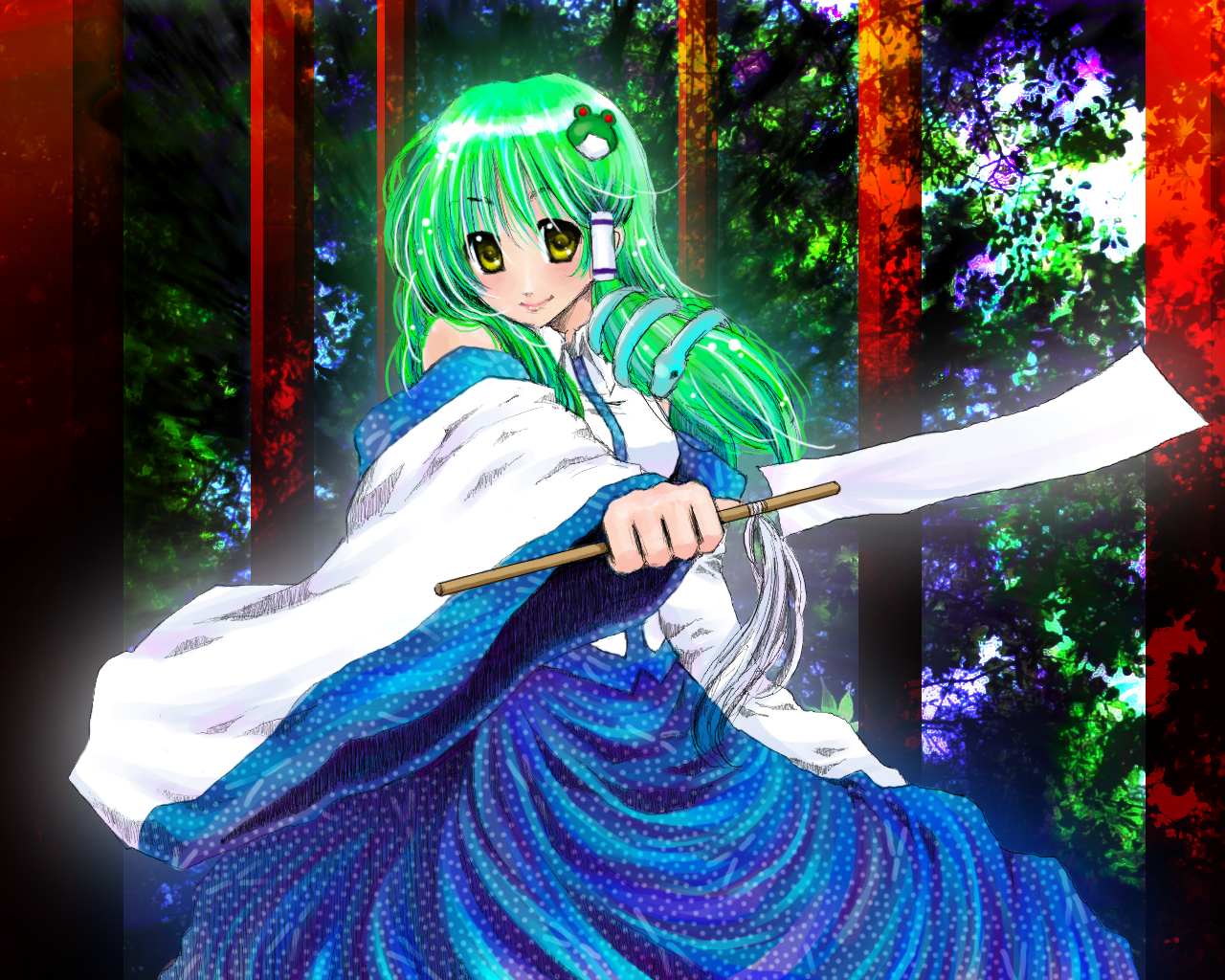 bakufu, fuu (futian), kochiya sanae, touhou, 1girl, detached sleeves, female focus, green hair, japanese clothes, long hair, snake, solo, tree, yellow eyes