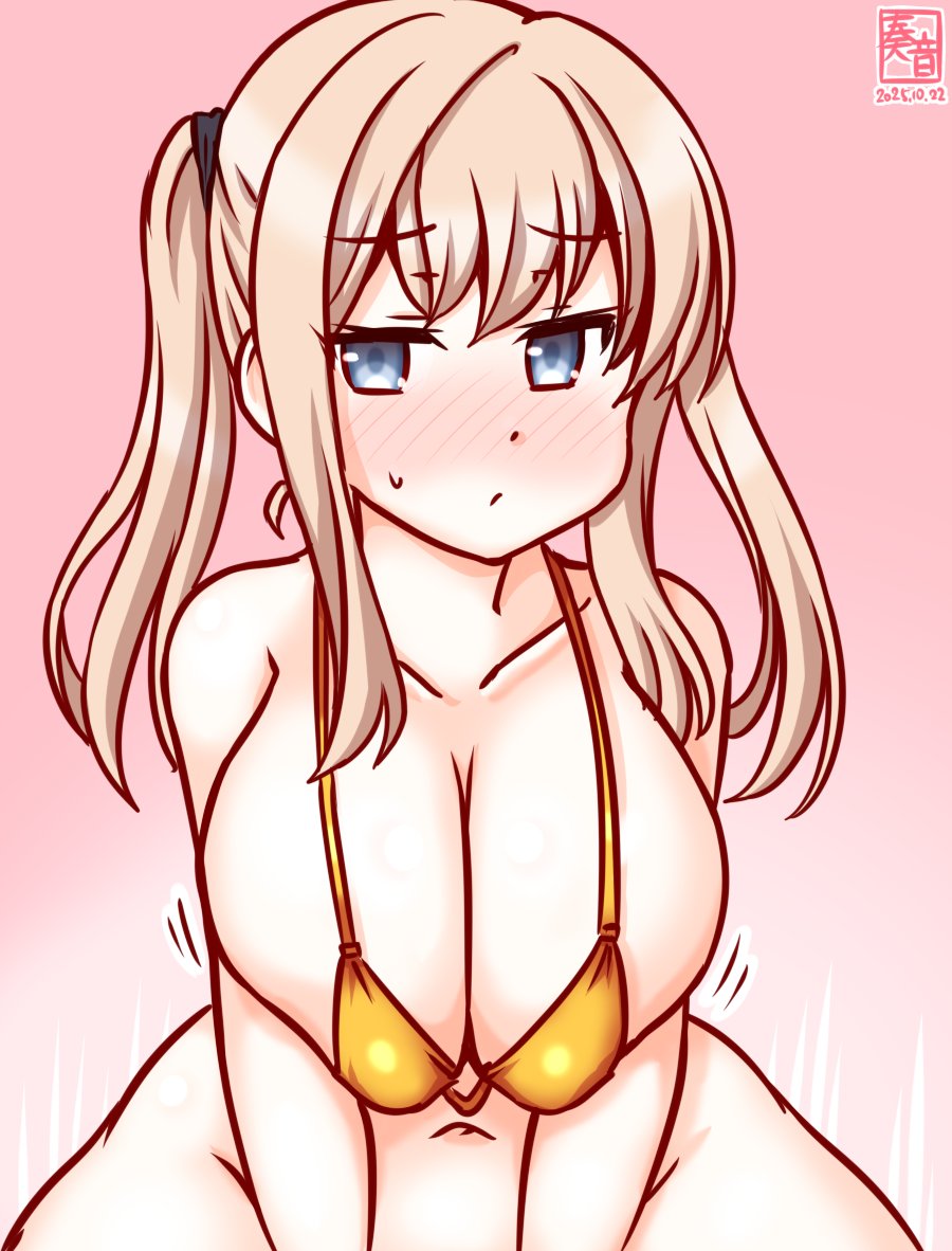 kanon (kurogane knights), graf zeppelin (kancolle), kantai collection, 1girl, artist logo, bikini, blonde hair, bottomless, breasts, breasts squeezed together, cleavage, collarbone, cowboy shot, dated, gold bikini, gradient background, grey eyes, large breasts, logo, long hair, navel, out-of-frame censoring, pink background, sitting, solo, swimsuit, twintails