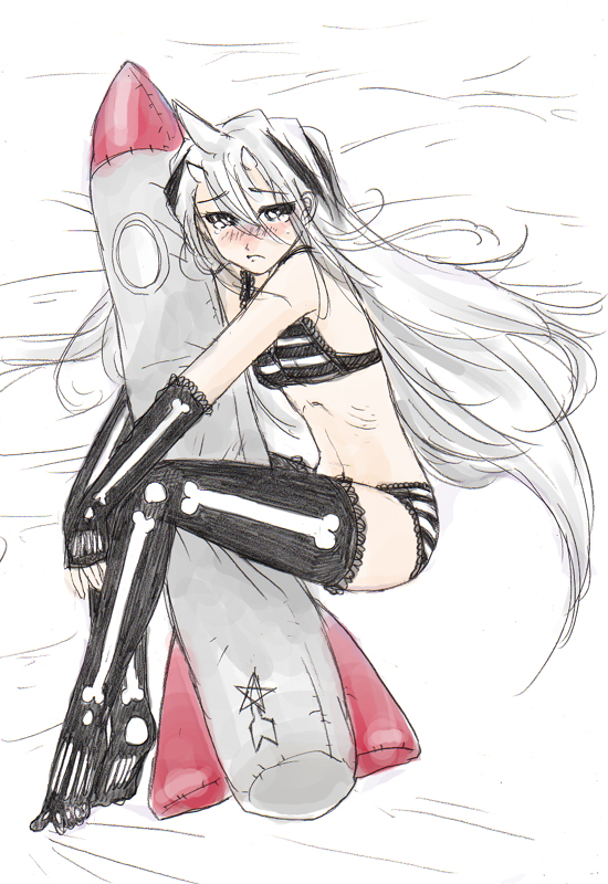 bakufu, fuu (futian), shiiboozu, tsuburaya productions, ultra series, ultraman (1st series), 1girl, blush, bone, bra, female focus, lingerie, long hair, panties, personification, rocket, sketch, solo, striped bra, striped clothes, striped panties, tears, thighhighs, underwear, underwear only, white hair