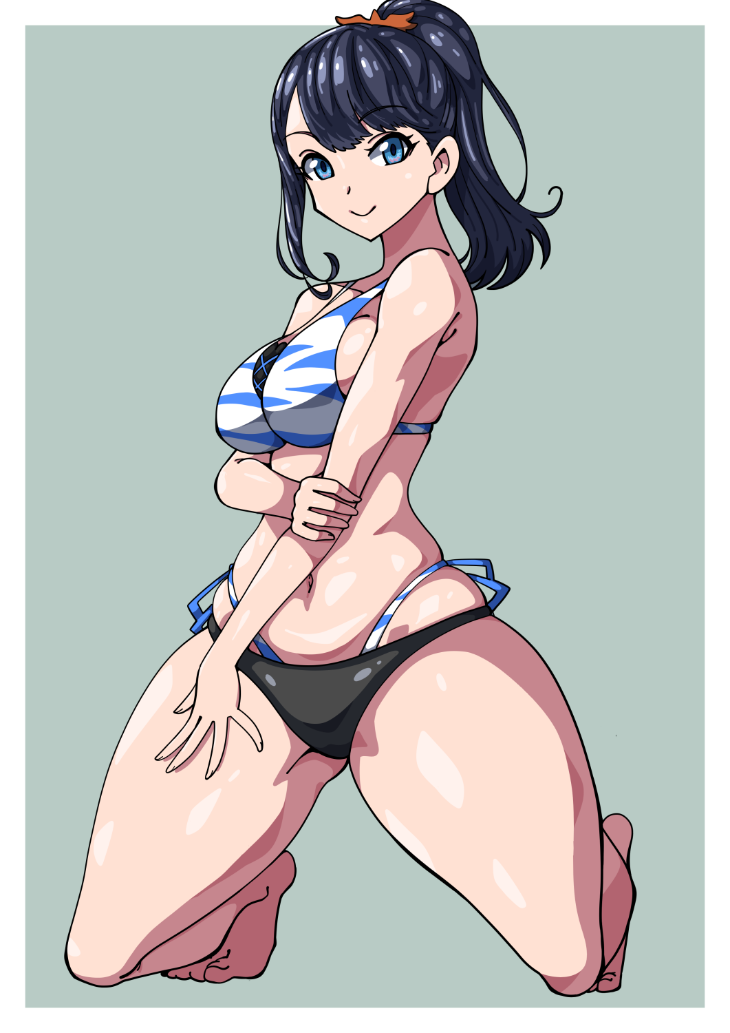 taa yuu, takarada rikka, gridman universe, gridman universe (movie), ssss.gridman, commentary, highres, 1girl, bare arms, barefoot, bikini, black bikini, black hair, blue eyes, border, breasts, curvy, feet, grey background, hair ornament, hair scrunchie, high ponytail, layered bikini, looking at viewer, medium breasts, multi-strapped bikini bottom, multi-strapped bikini top, navel, outside border, ponytail, scrunchie, smile, solo, swimsuit, thick thighs, thighs, toes, white bikini, white border