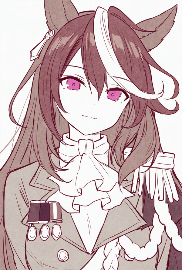 mauve, symboli rudolf (emperor's path) (umamusume), symboli rudolf (umamusume), umamusume, 1girl, aiguillette, animal ears, ascot, brown hair, closed mouth, double-parted bangs, earrings, epaulettes, grey background, hair between eyes, horse ears, horse girl, jacket, jewelry, long hair, looking at viewer, medal, multicolored hair, muted color, purple eyes, simple background, single earring, single epaulette, solo, streaked hair, two-tone hair, upper body