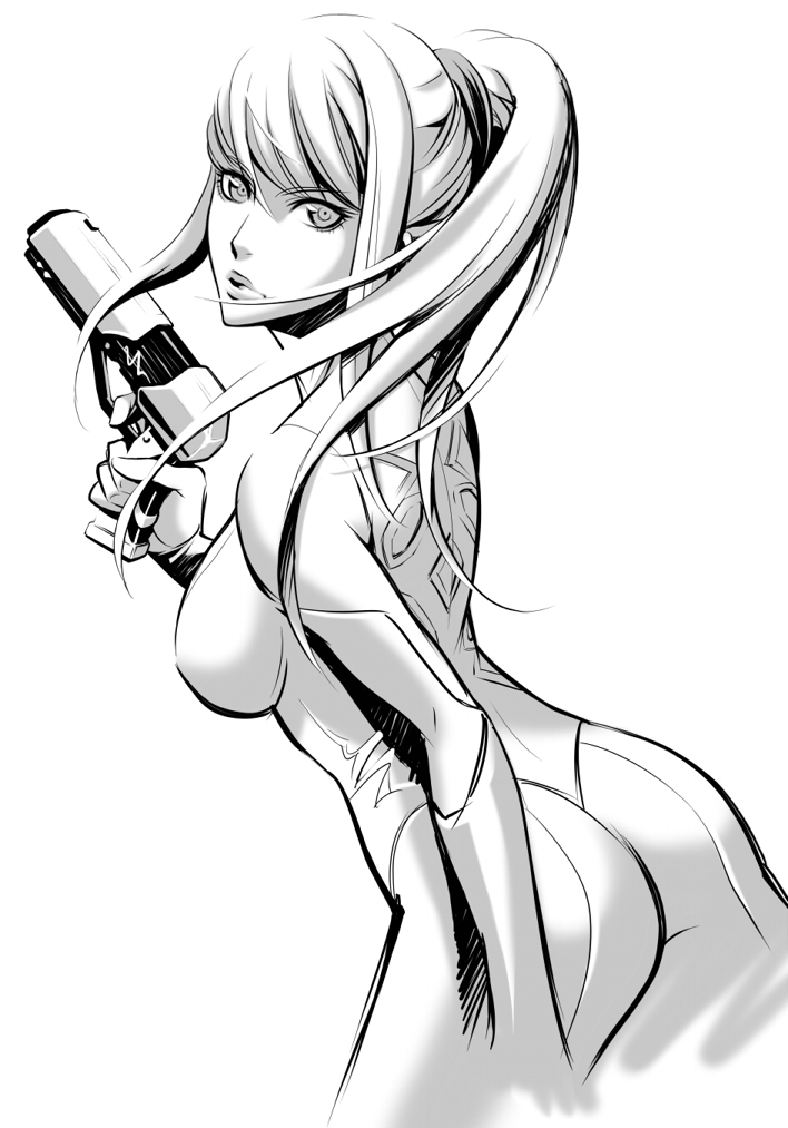horizon02, samus aran, metroid, nintendo, bad id, bad pixiv id, source request, 1girl, ass, bodysuit, breasts, female focus, greyscale, gun, long hair, monochrome, ponytail, sideboob, solo, weapon, zero suit