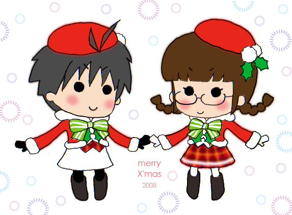 bakufu, fuu (futian), akizuki ritsuko, kikuchi makoto, idolmaster, idolmaster (classic), 00s, 2008, 2girls, antenna hair, blush, bow, braid, chibi, christmas, glasses, hat, holly, multiple girls, snow, twin braids