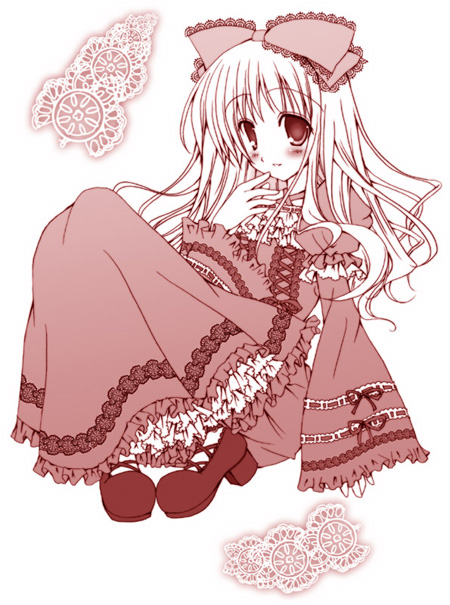 tsuchinoko. (froufrou), original, 1girl, dress, female focus, hair ribbon, long hair, monochrome, pink theme, ribbon, sitting, solo