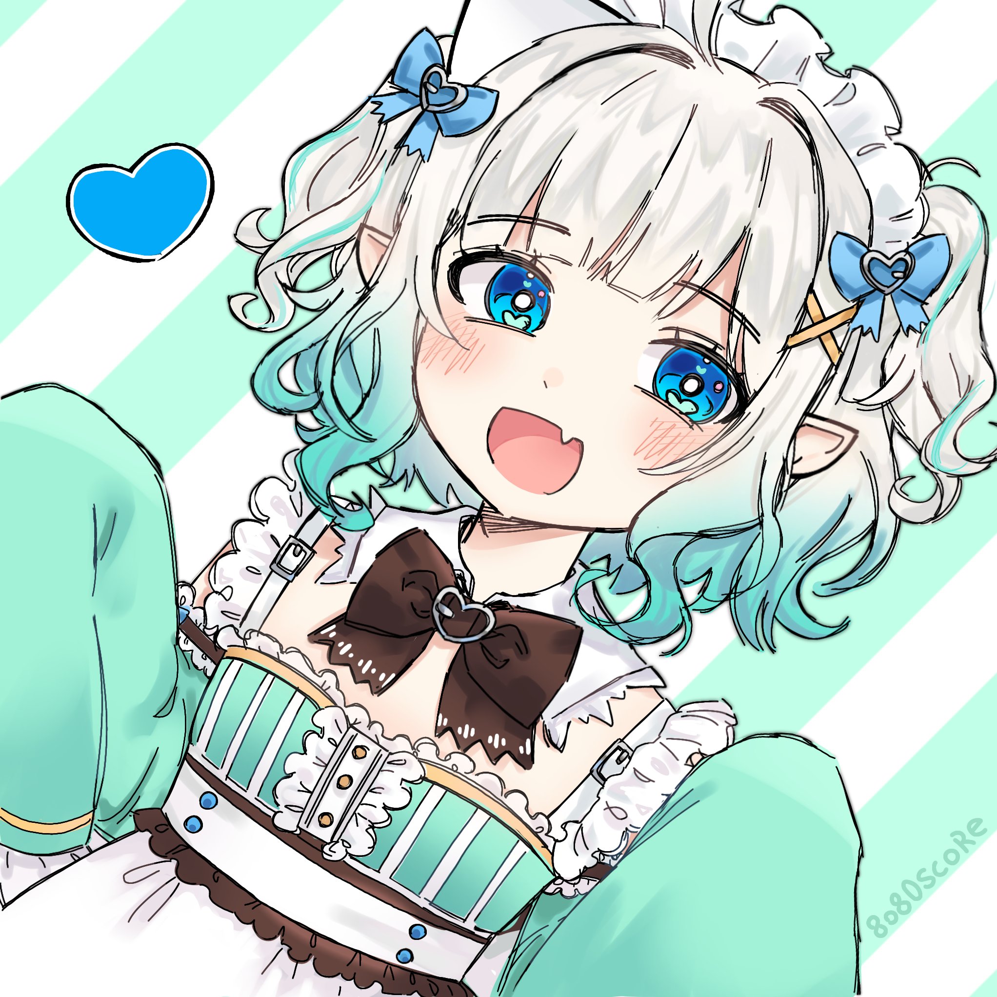 mint fantome, mint fantome (minto 2.0), indie virtual youtuber, highres, 1girl, 8o80score, :d, ahoge, apron, blue eyes, bow, bowtie, brown bow, brown bowtie, center frills, detached collar, detached sleeves, dress, fang, frilled apron, frilled sleeves, frills, ghost, gradient hair, green dress, green hair, hair bow, hair ornament, hairclip, long sleeves, maid, multicolored hair, open mouth, pointy ears, short hair, skin fang, sleeves past fingers, sleeves past wrists, smile, solo, triangular headpiece, two side up, virtual youtuber, waist apron, wide sleeves, x hair ornament