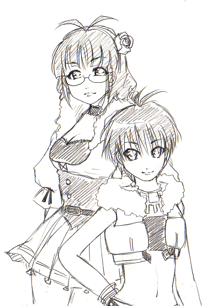 bakufu, fuu (futian), akizuki ritsuko, kikuchi makoto, idolmaster, idolmaster (classic), idolmaster 1, traditional media, 00s, 2girls, antenna hair, flower, glasses, greyscale, midriff, monochrome, multiple girls, navel, short hair, sketch