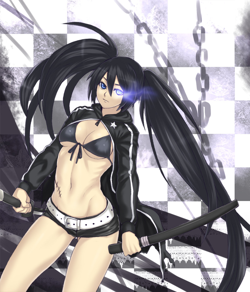 houtengeki, black rock shooter (character), hatsune miku, black rock shooter, vocaloid, 10s, 1girl, belt, bikini, bikini top only, black bikini, black hair, breasts, checkered background, denim, denim shorts, female focus, front-tie top, hood, hoodie, long hair, navel, scar, short shorts, shorts, solo, swimsuit, sword, twintails, underboob, uneven twintails, very long hair, weapon