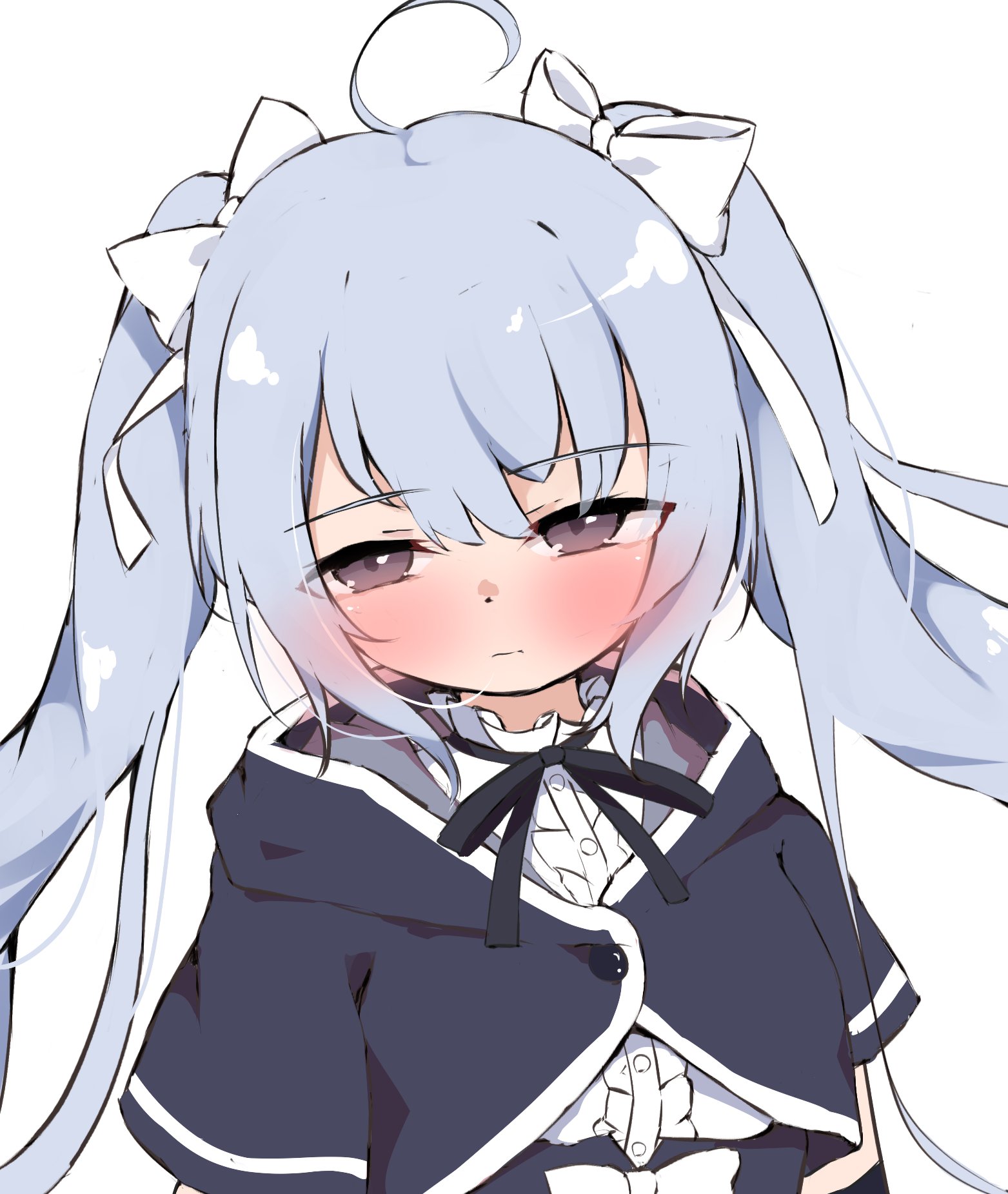 chitonimu, miriam hildegard von gropius, assault lily, highres, 1girl, ahoge, arms at sides, black ribbon, blush, bow, buttons, center frills, closed mouth, cropped jacket, frilled shirt, frilled shirt collar, frills, grey hair, hair bow, half-closed eyes, hood, hood down, long hair, looking at viewer, neck ribbon, purple eyes, ribbon, school uniform, shirt, short sleeves, simple background, solo, twintails, underbust, upper body, white background, white bow, yurigaoka girls academy school uniform