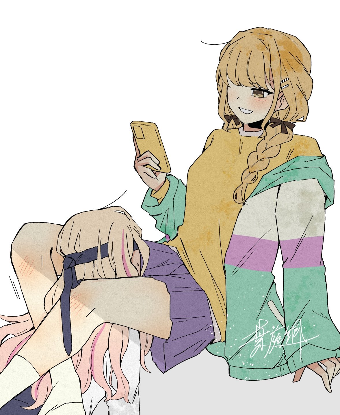 haniwa hayate, fujita kotone, juo sena, gakuen idolmaster, idolmaster, highres, 2girls, between legs, blindfold, blonde hair, blush, braid, hood, hoodie, multicolored hoodie, multiple girls, no eyes, parted lips, pink streaks, pleated skirt, purple skirt, shirt, simple background, skirt, smile, socks, twin braids, white background, white socks, yellow eyes, yellow shirt, yuri